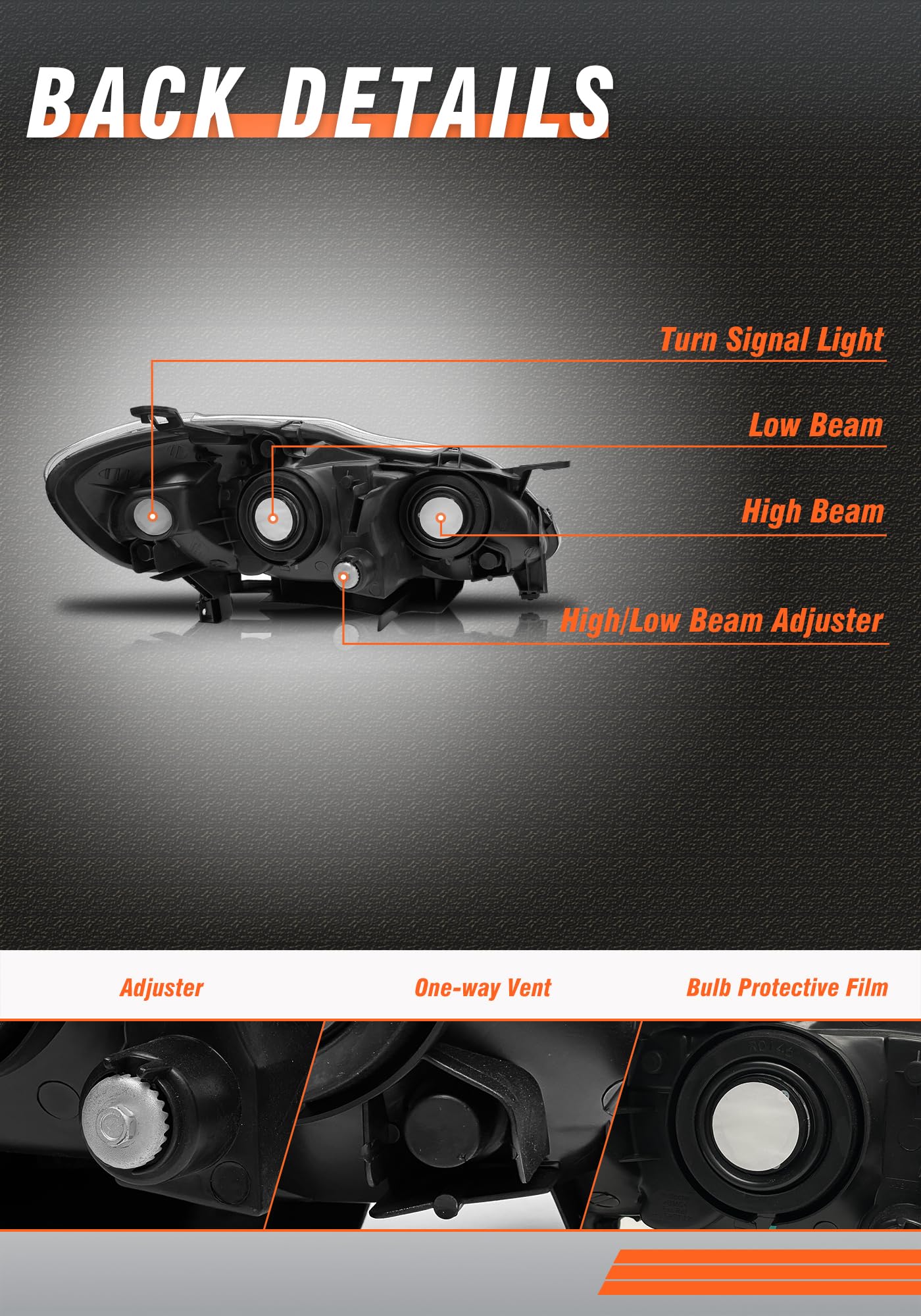AXLAHA Corolla headlight with amber reflector and chrome housing for a bold look.