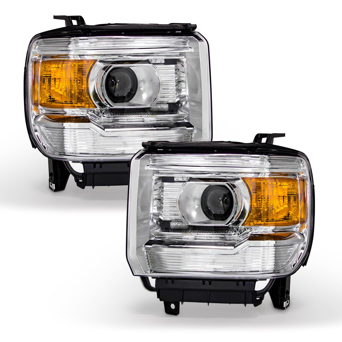 AXLAHA Sierra 1500 headlights with chrome housing improve night visibility.