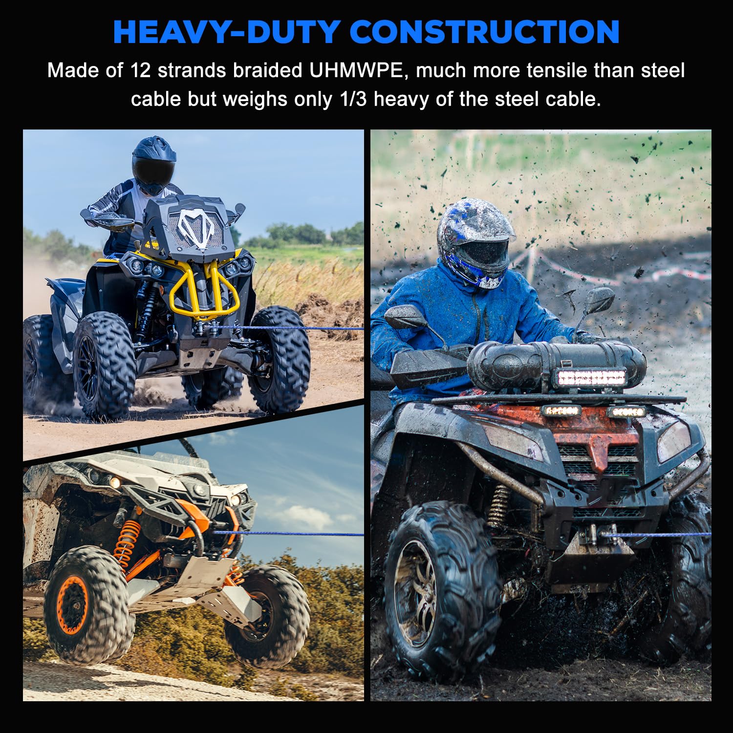 AXSIPEIX blue winch rope on ATV setup demonstrates durable, weatherproof performance.
