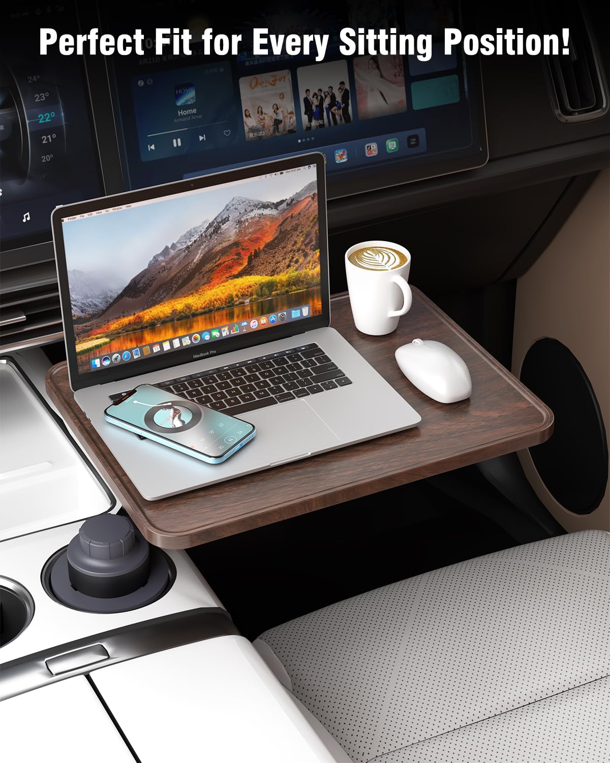 AXVLU car desk in laptop setup inside a vehicle