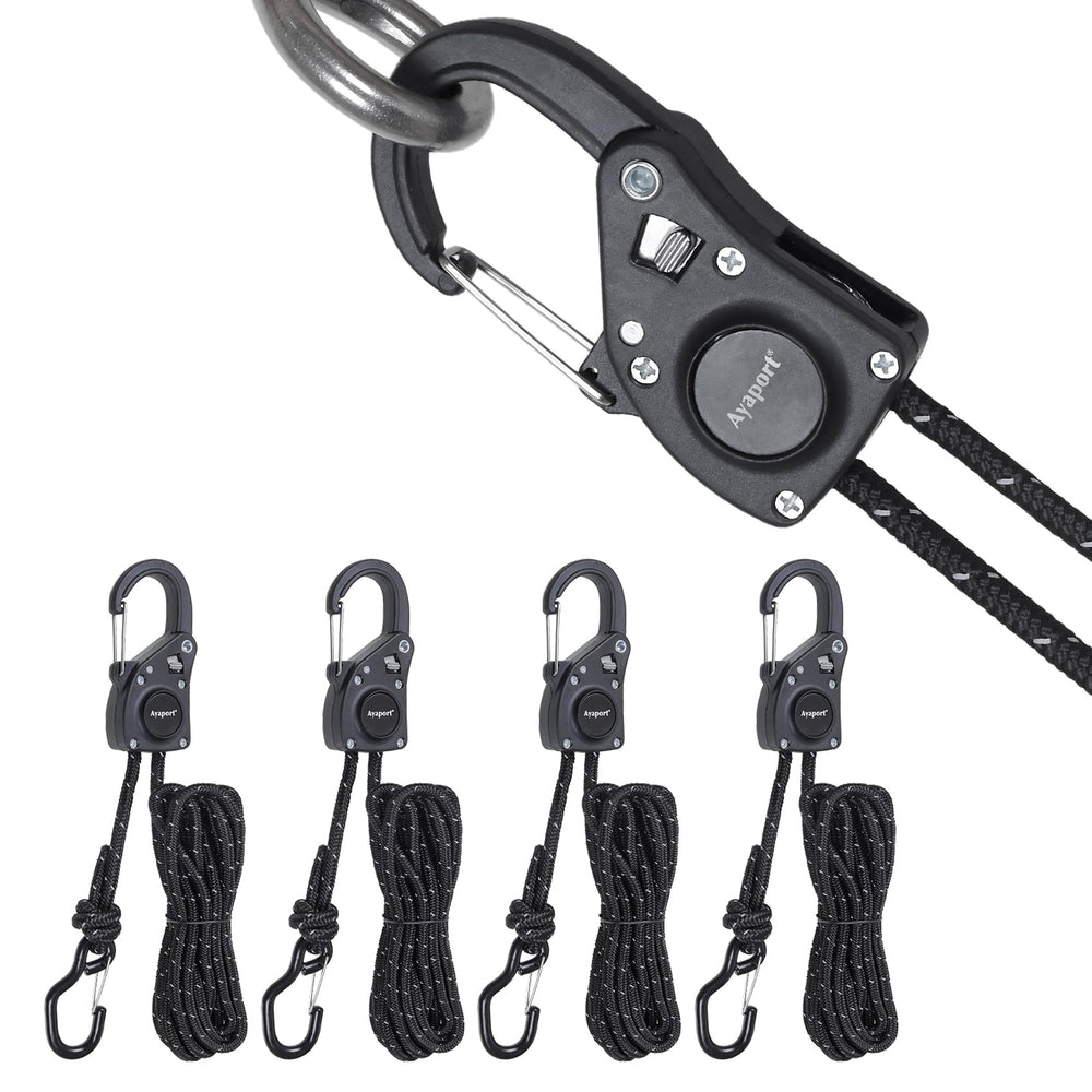 Ayaport rope tie-down ratchet with carabiner clip securing gear on a roof rack