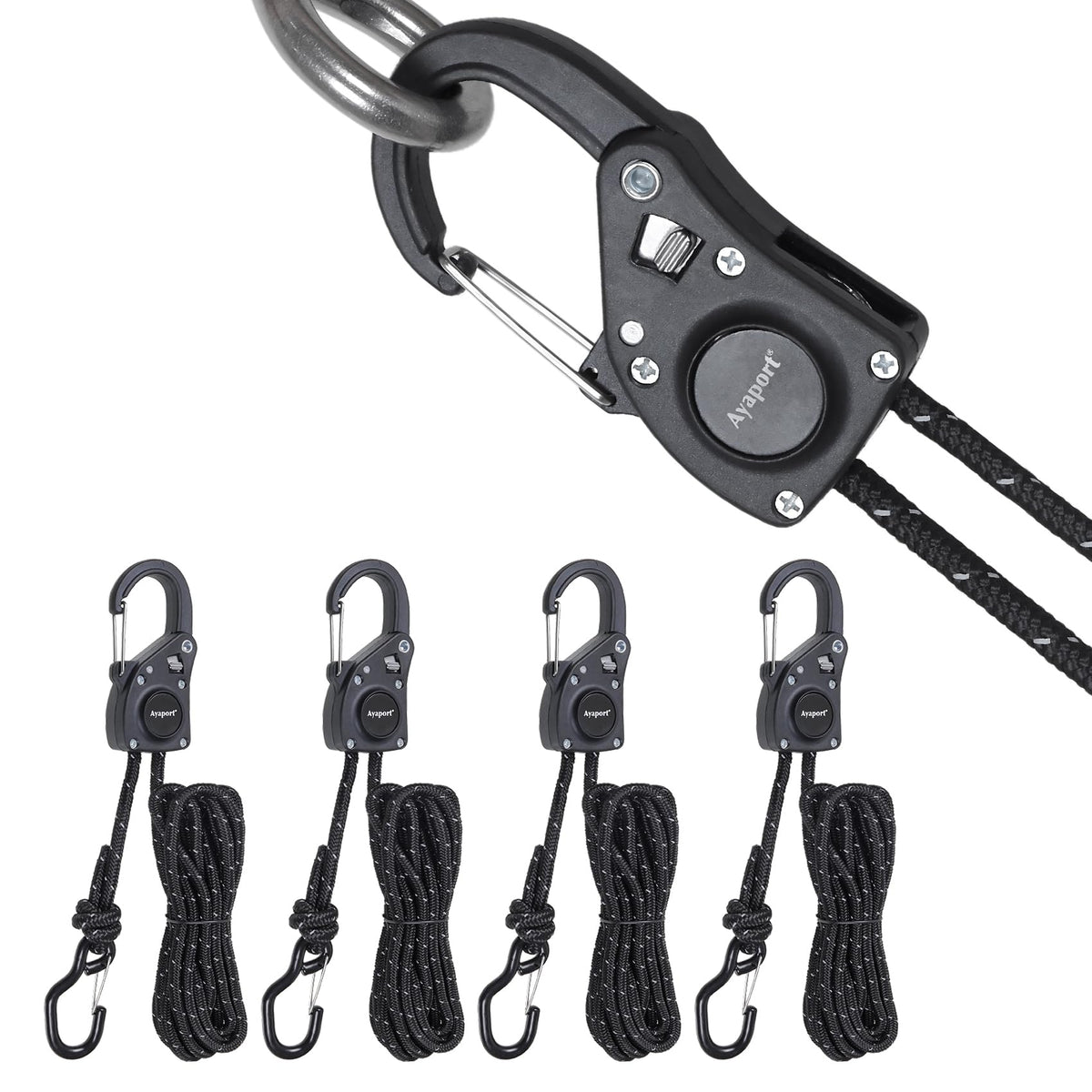 Ayaport rope tie-down ratchet with carabiner clip securing gear on a roof rack