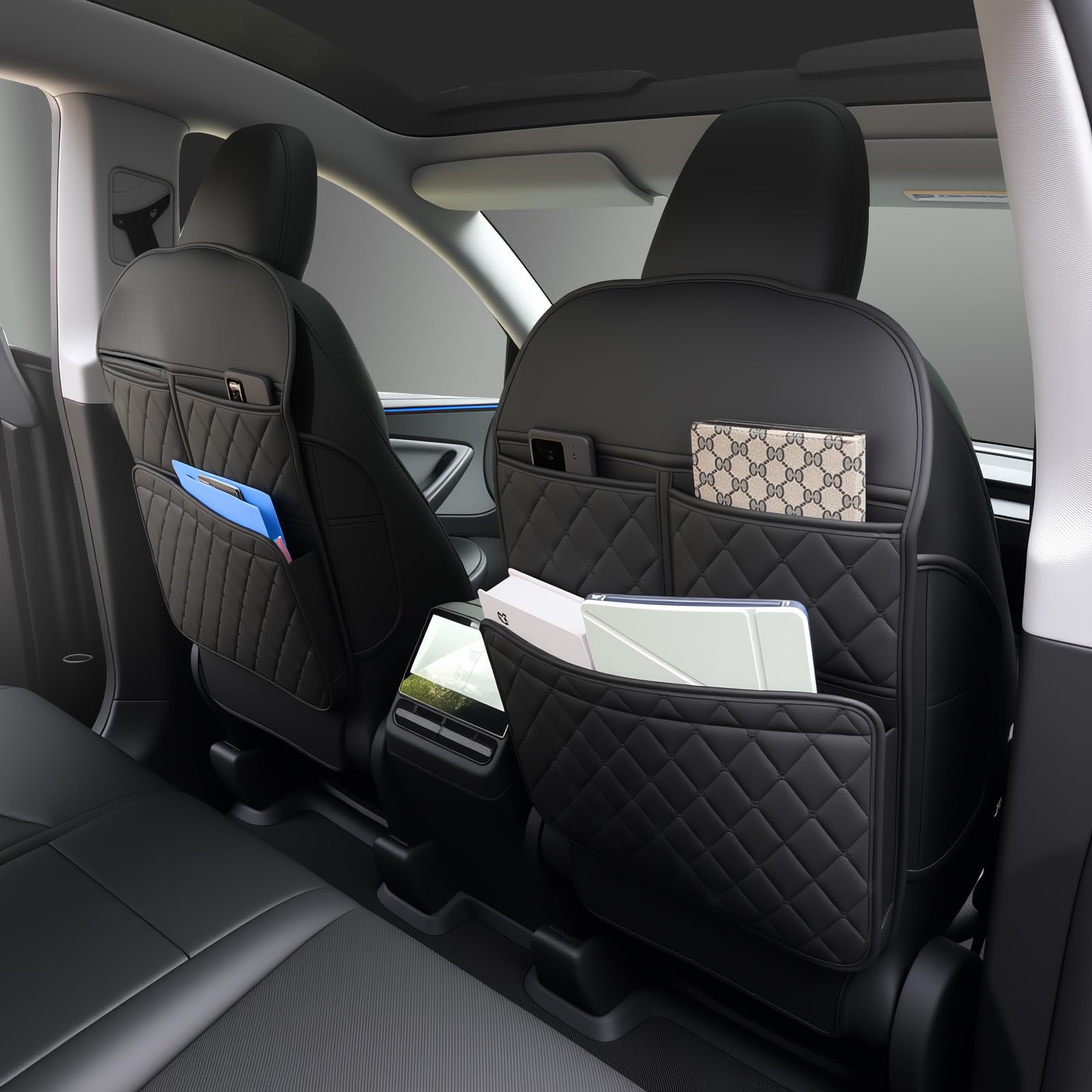 Aycsiyana seat back organizer with storage pockets helps store toys and snacks.