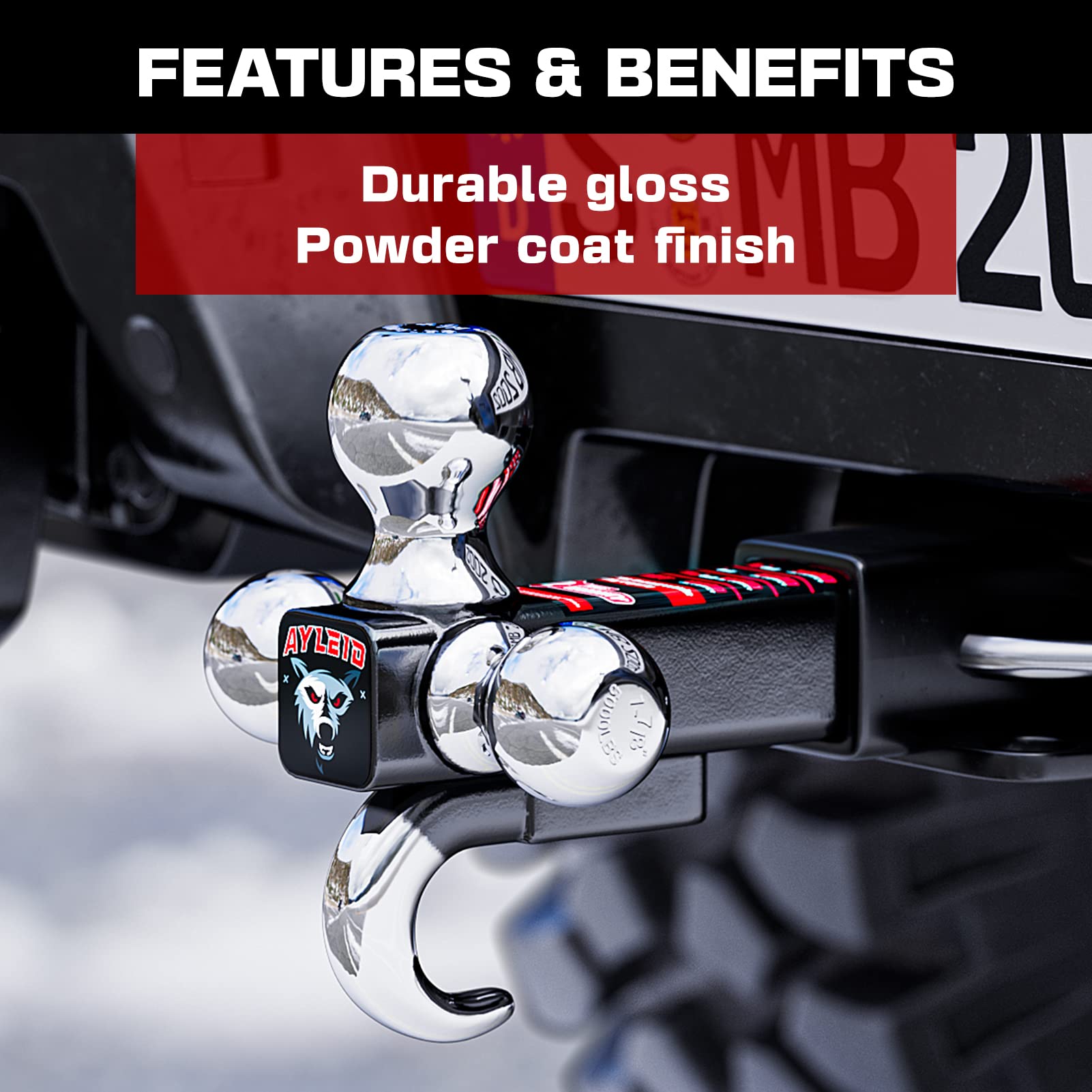 Ayleid tri-ball mount with 2-5/16 inch ball suitable for heavier trailers