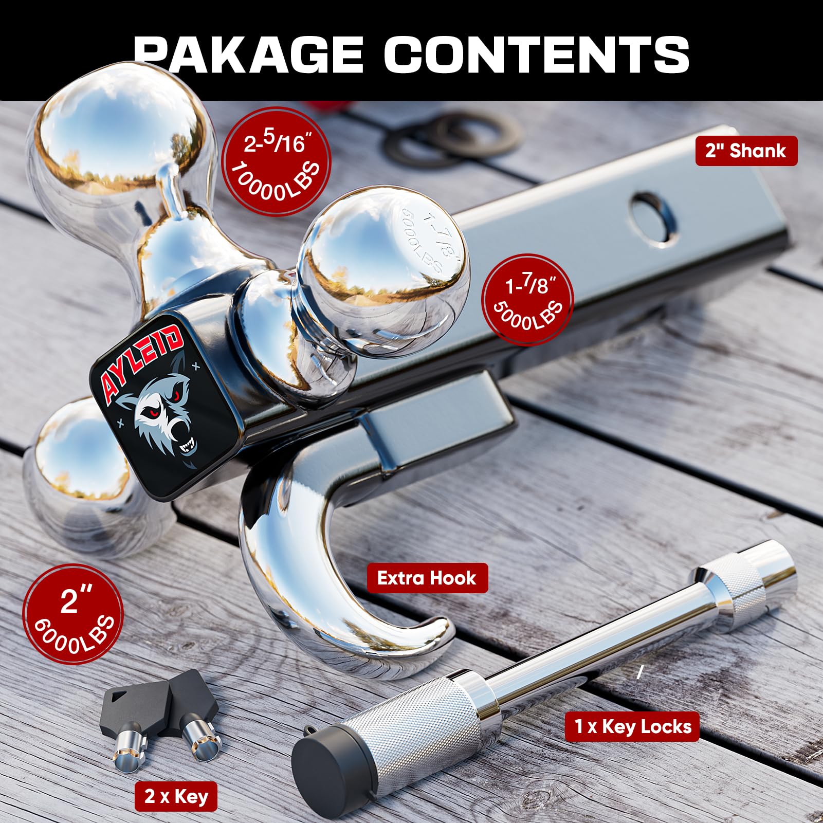 Ayleid tri-ball mount features the 2-inch ball for standard trailers.