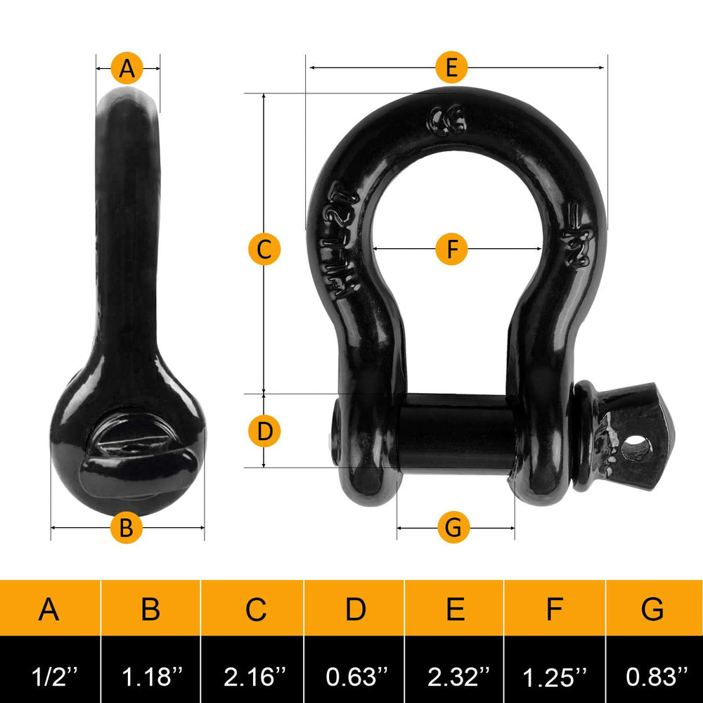 AYMMIC half inch D Ring Bow Shackle in pack for multiple vehicles