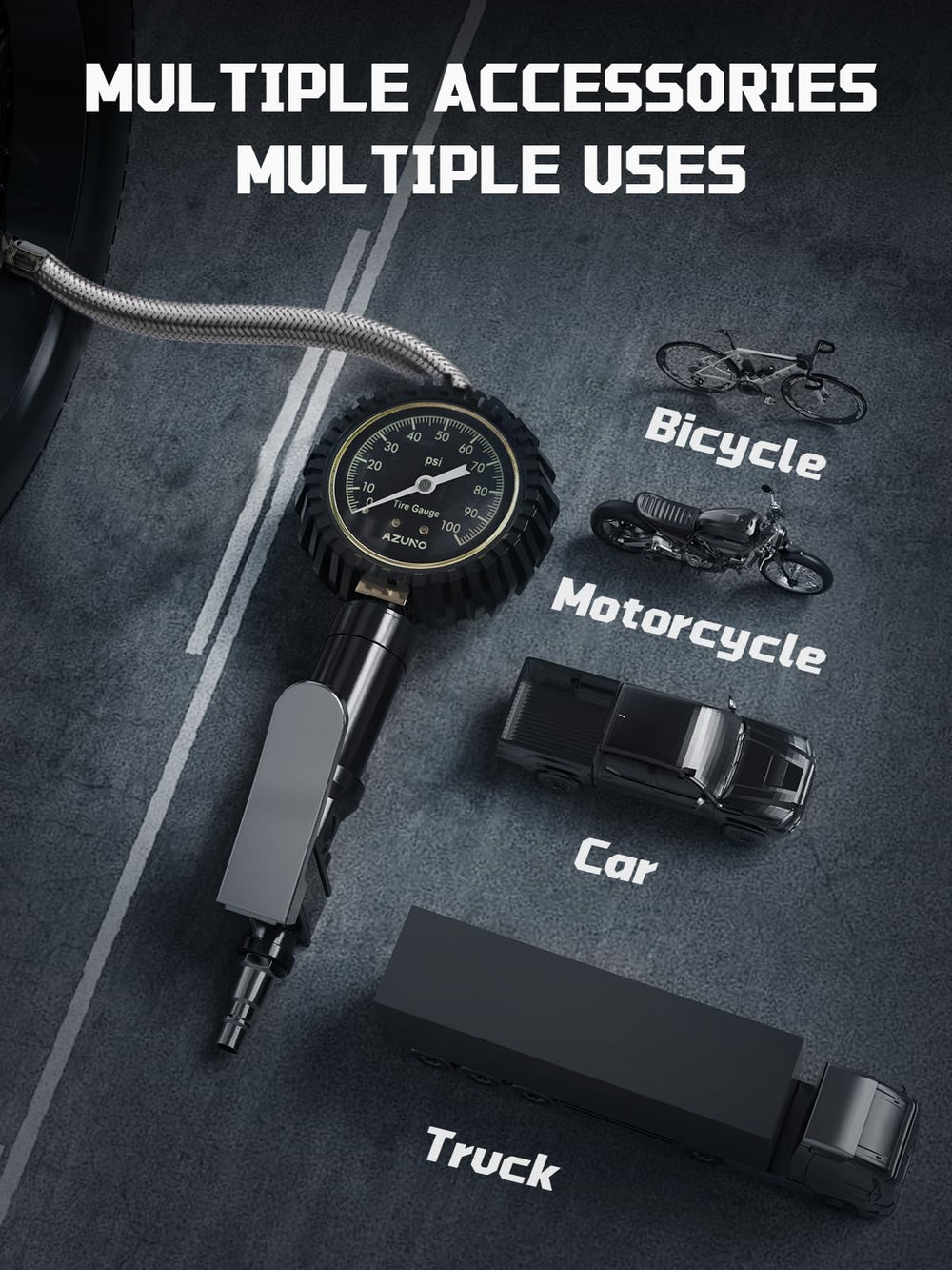 AZUNO air chuck and adapters support cars, trucks, and bikes.