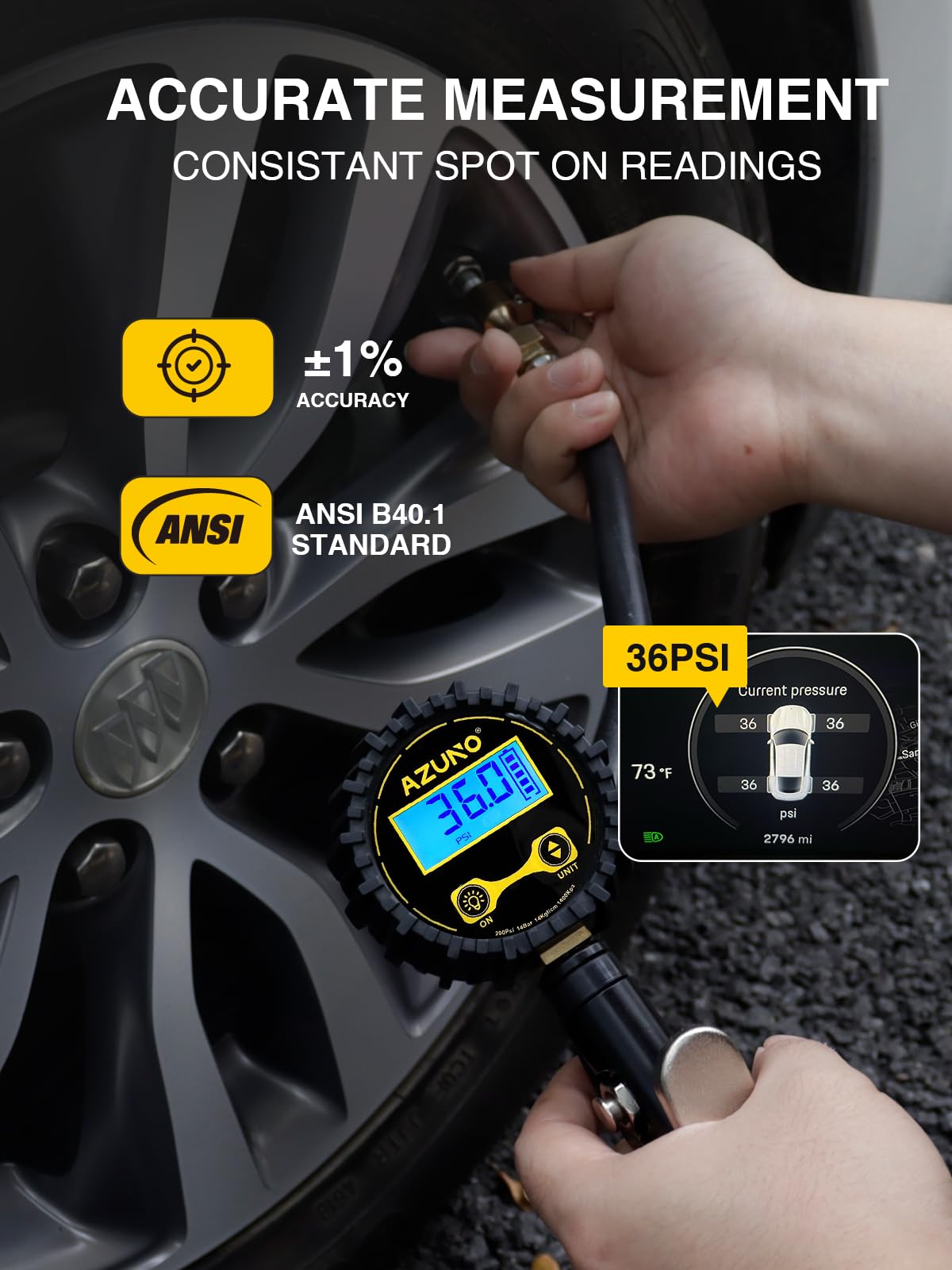 AZUNO digital gauge close-up with clear backlit display for accurate readings
