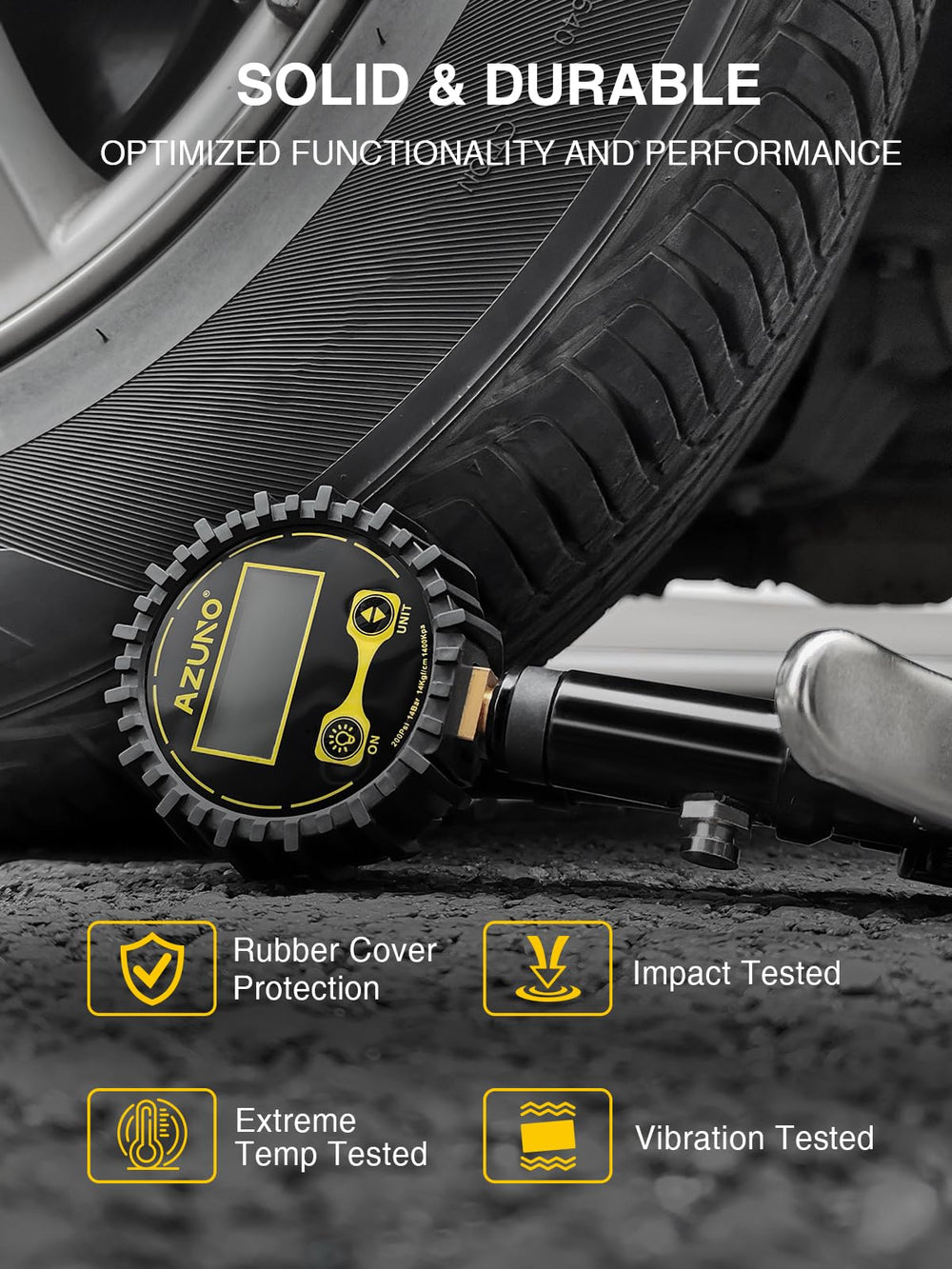 AZUNO inflator in use on SUV tire demonstrating fast inflation on the road
