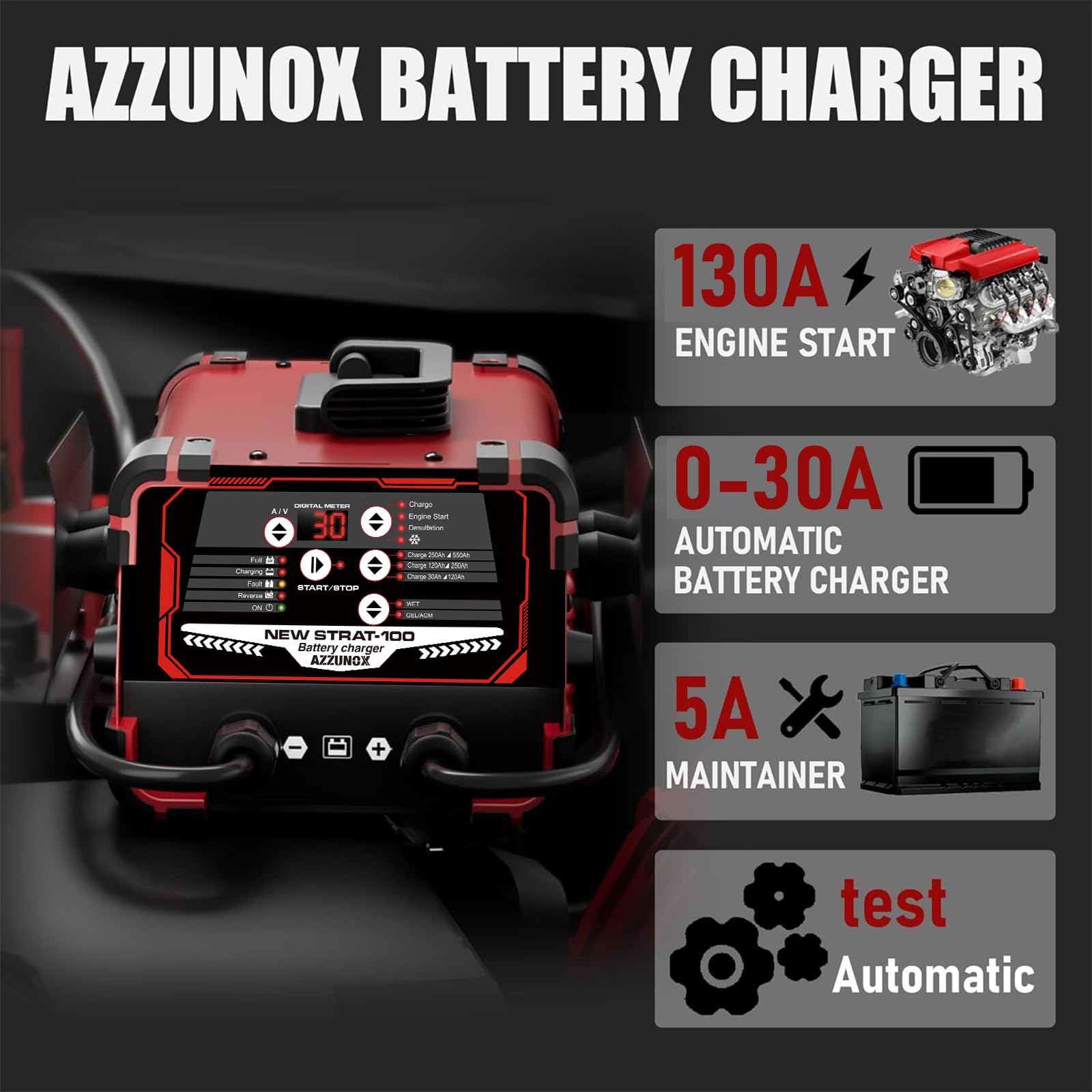 AZZUNOX auto shutoff and maintenance mode to prevent overcharge and extend life.