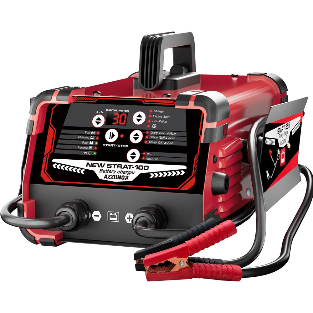 AZZUNOX battery charger front view highlighting rugged build for reliable 12V and 24V charging.