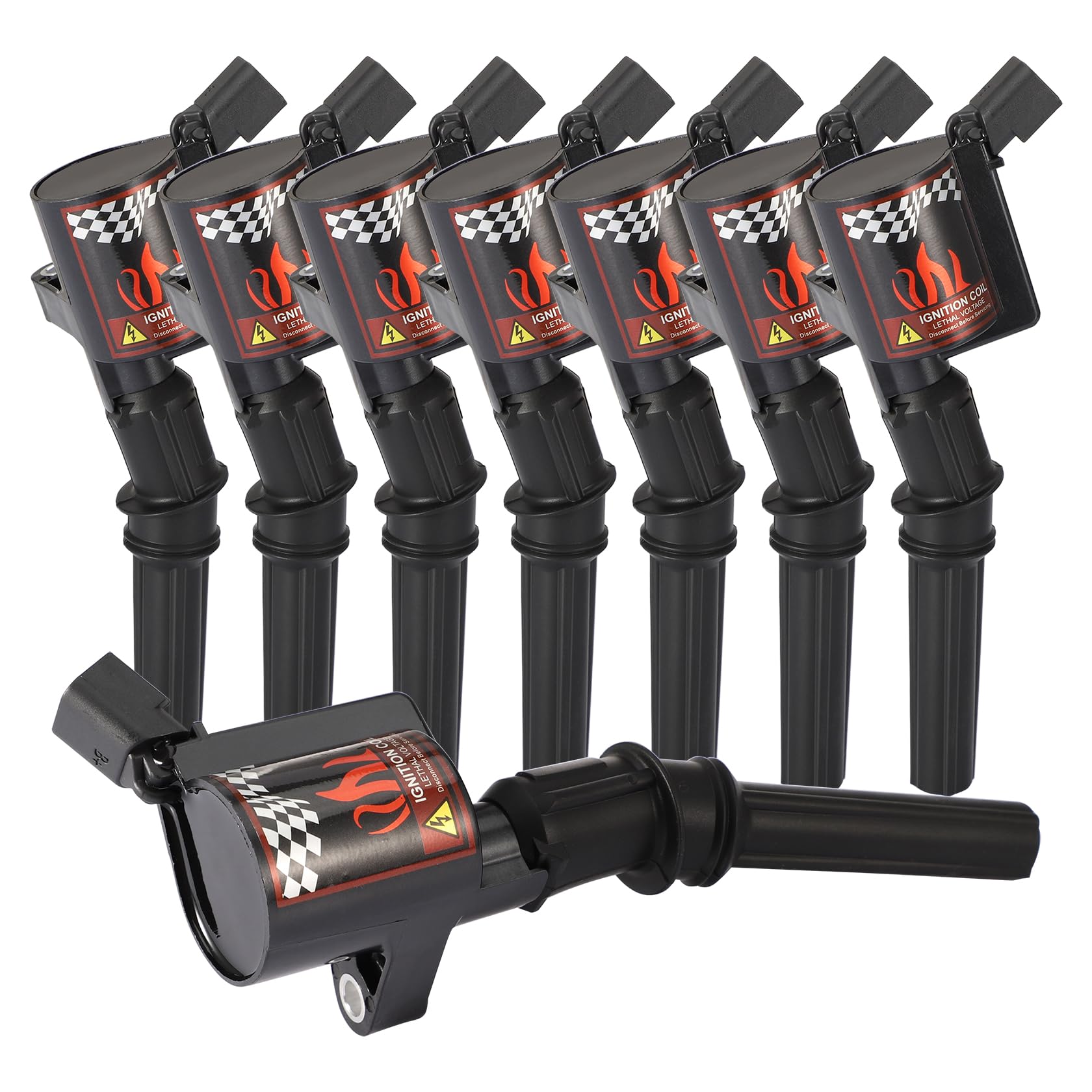 B4B DG508 ignition coil pack, front view, eight coils for Ford V8 engines
