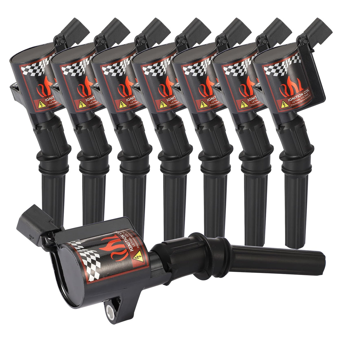 B4B DG508 ignition coil pack, front view, eight coils for Ford V8 engines