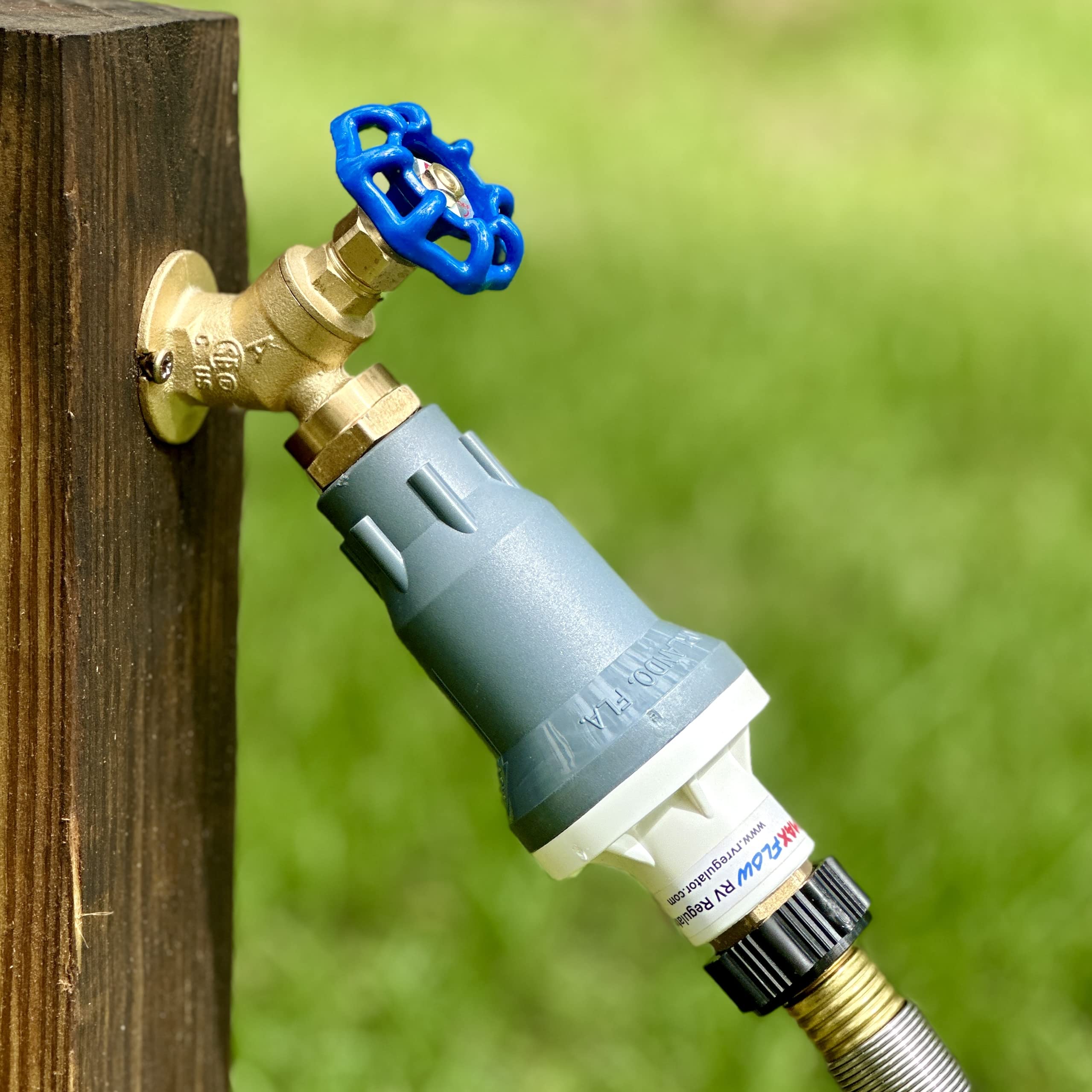 Backyard Flock MAX FLOW RV Regulator installed at water source delivering consistent pressure