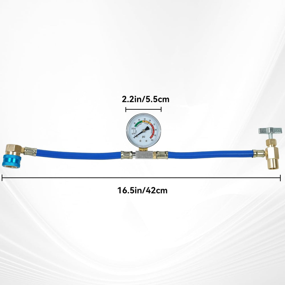 BACOENG R1234YF hose kit with gauge in use showing pressure readings.