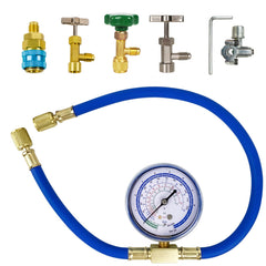 BACOENG R134a kit pressure gauge shows precise readings for a controlled recharge.