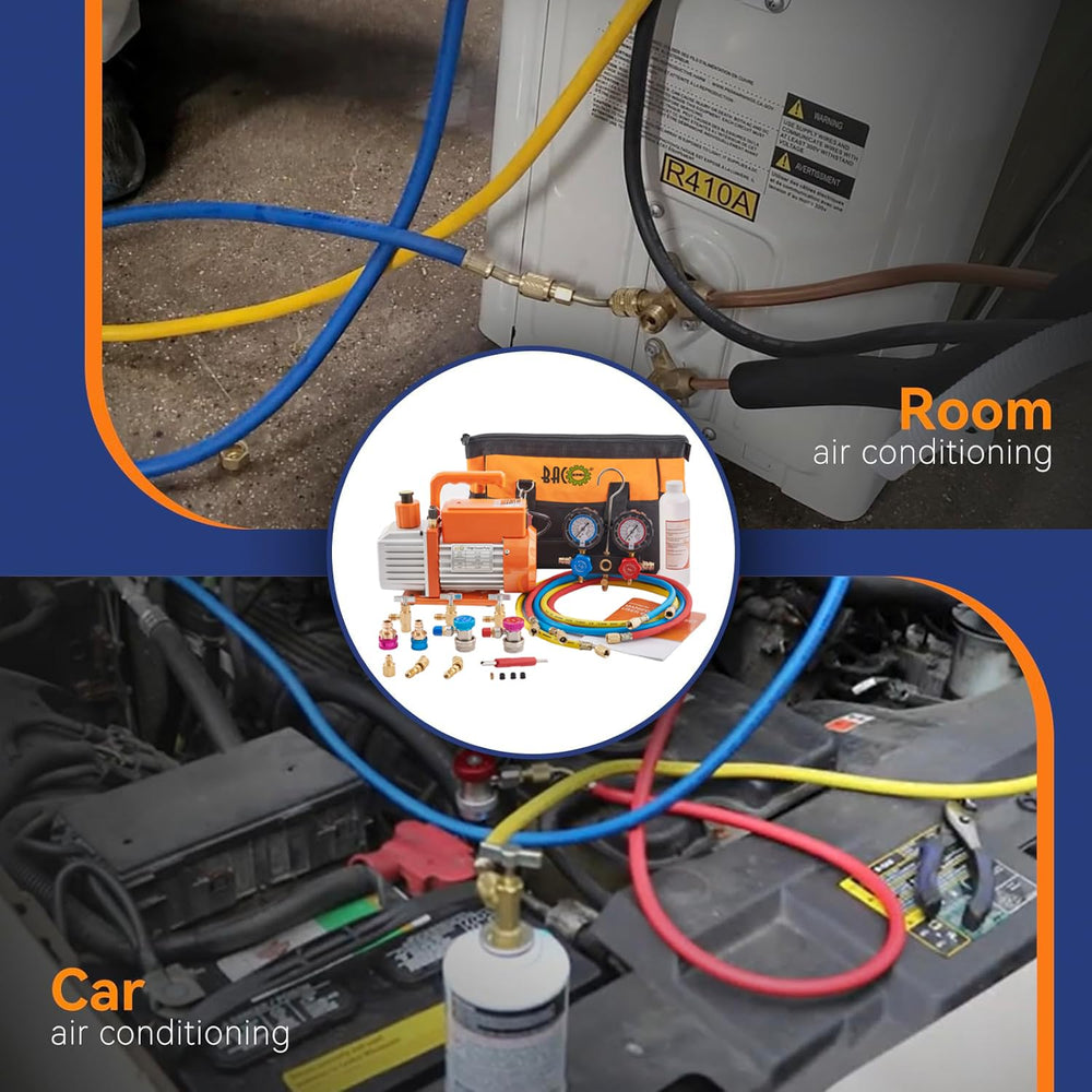 BACOENG complete HVAC vacuum pump kit in use for auto and mini-split maintenance