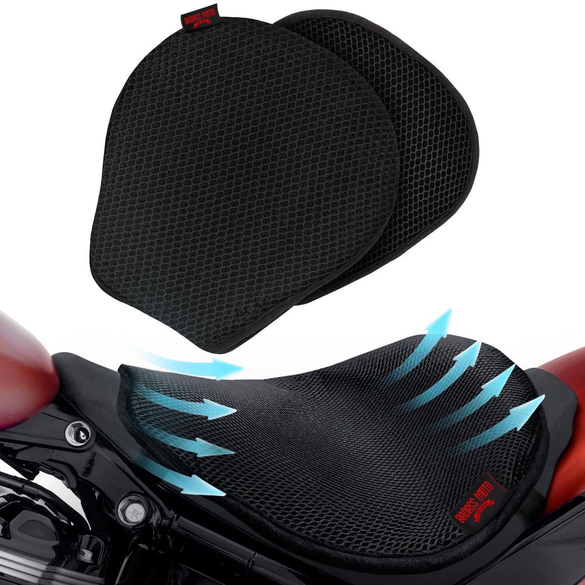 Badass Moto airflow seat cover with cool mesh for cooler rides.