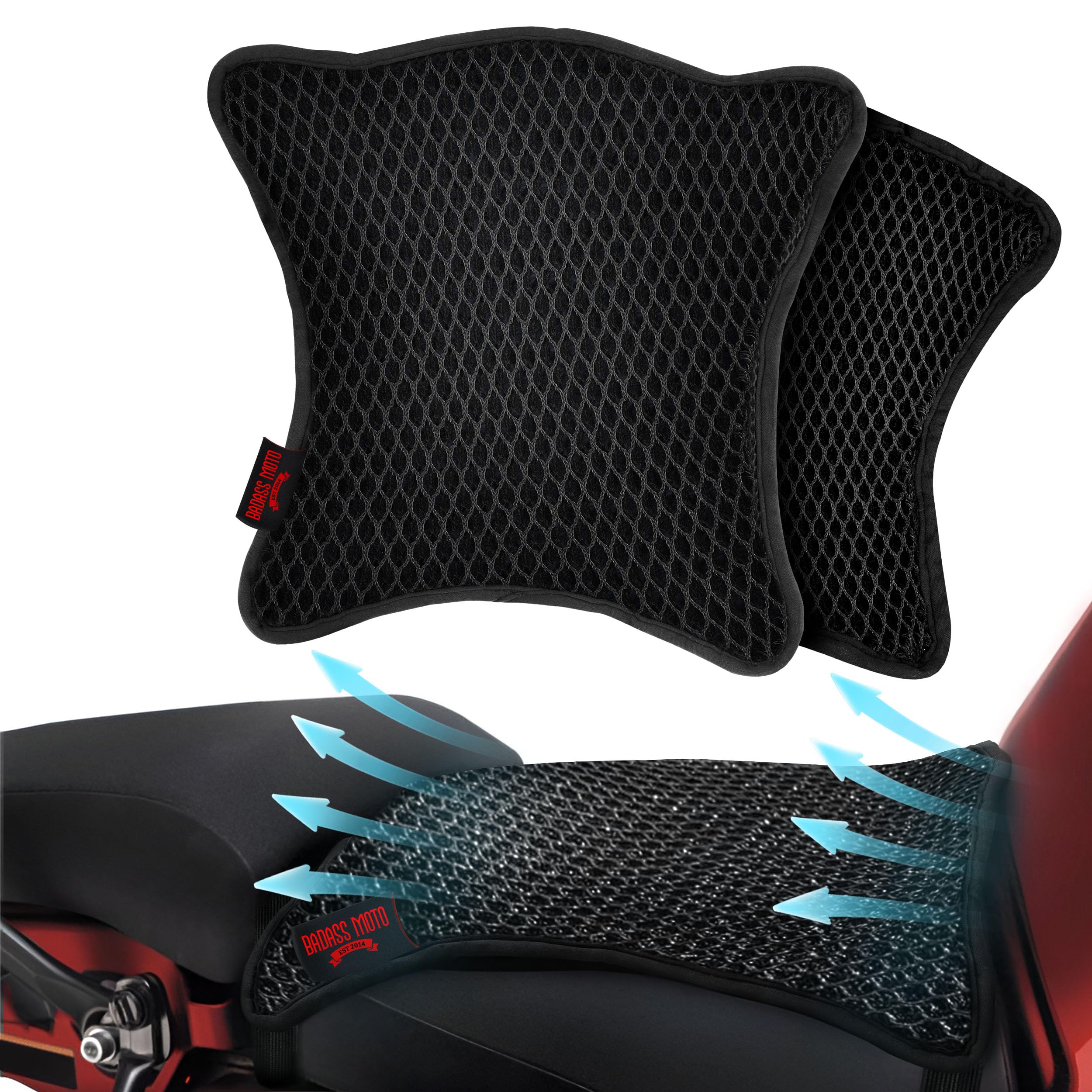 Badass Moto cool mesh seat cover front view with airflow for cooler rides