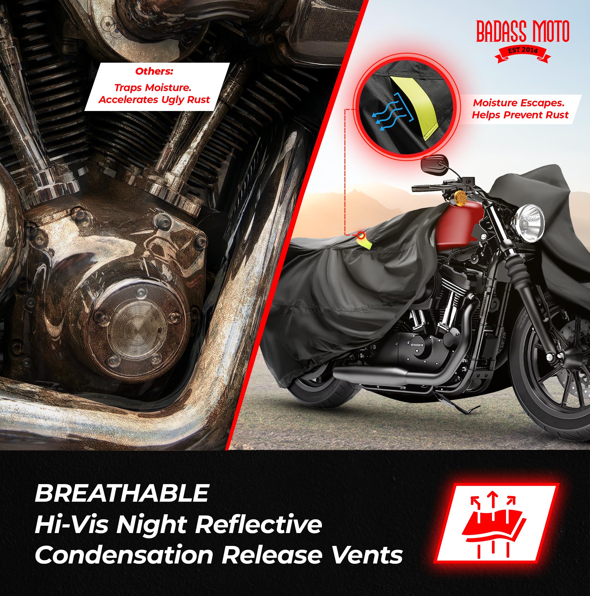Badass Moto durable seams guard against wear in rain and sun.