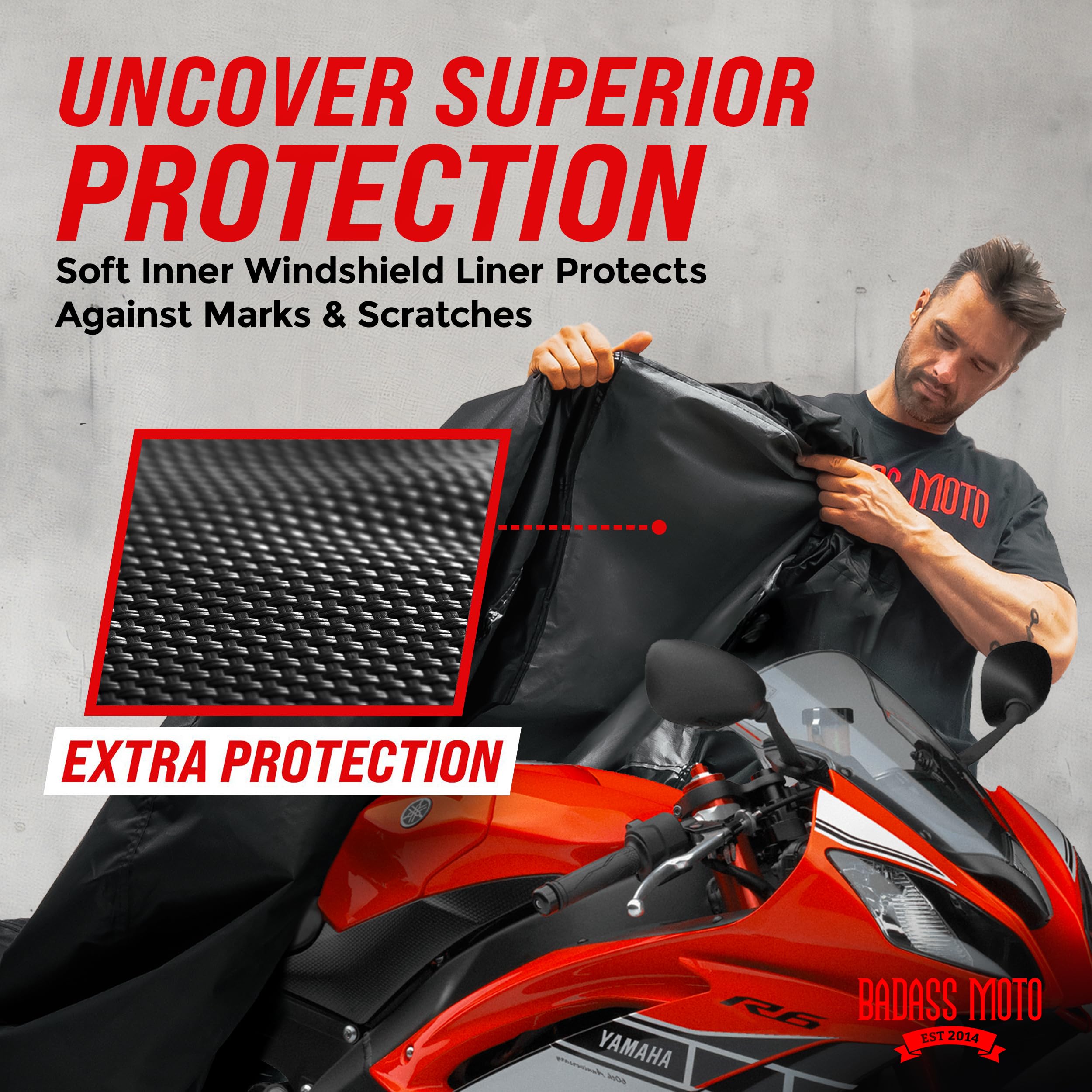 Badass Moto Waterproof shell provides durable outdoor protection against rain and sun.