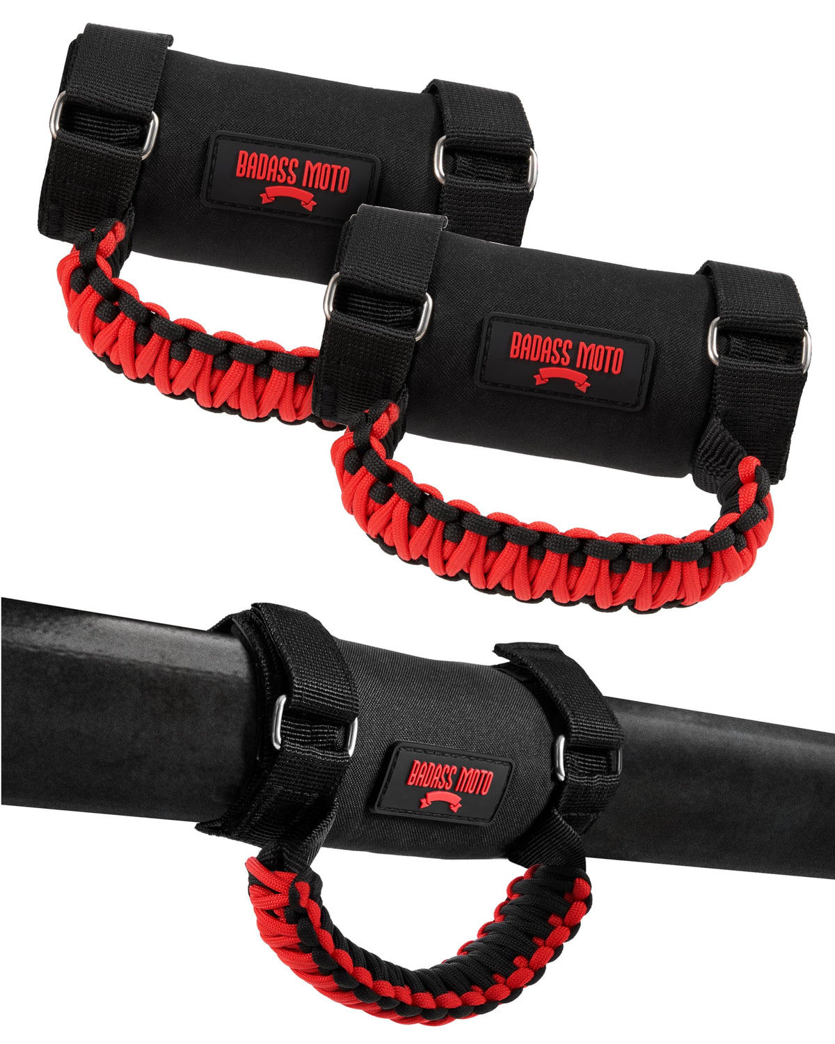 Badass Moto grab handle 2-pack on rugged roll bar for secure passenger grip.