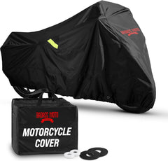 Badass Moto heavy-duty cover protecting motorcycle outdoors from rain and dust
