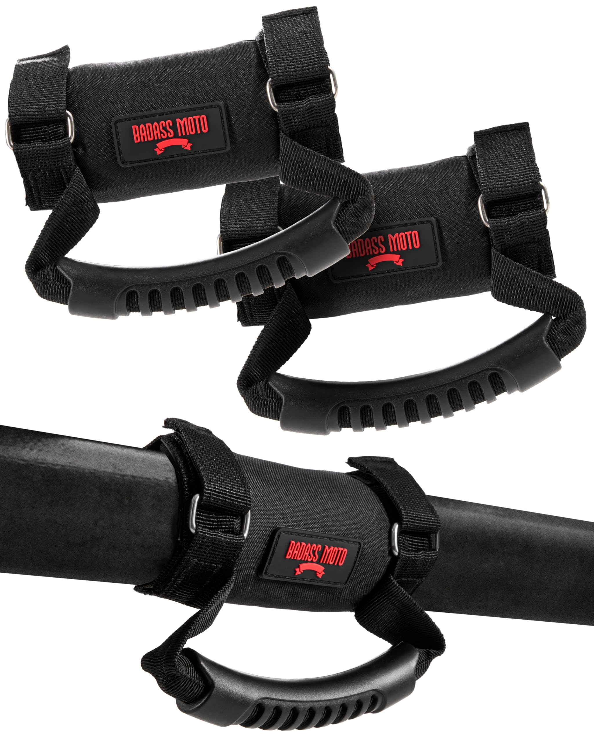 Badass Moto roll bar grab handle black and red front view shows rugged grip