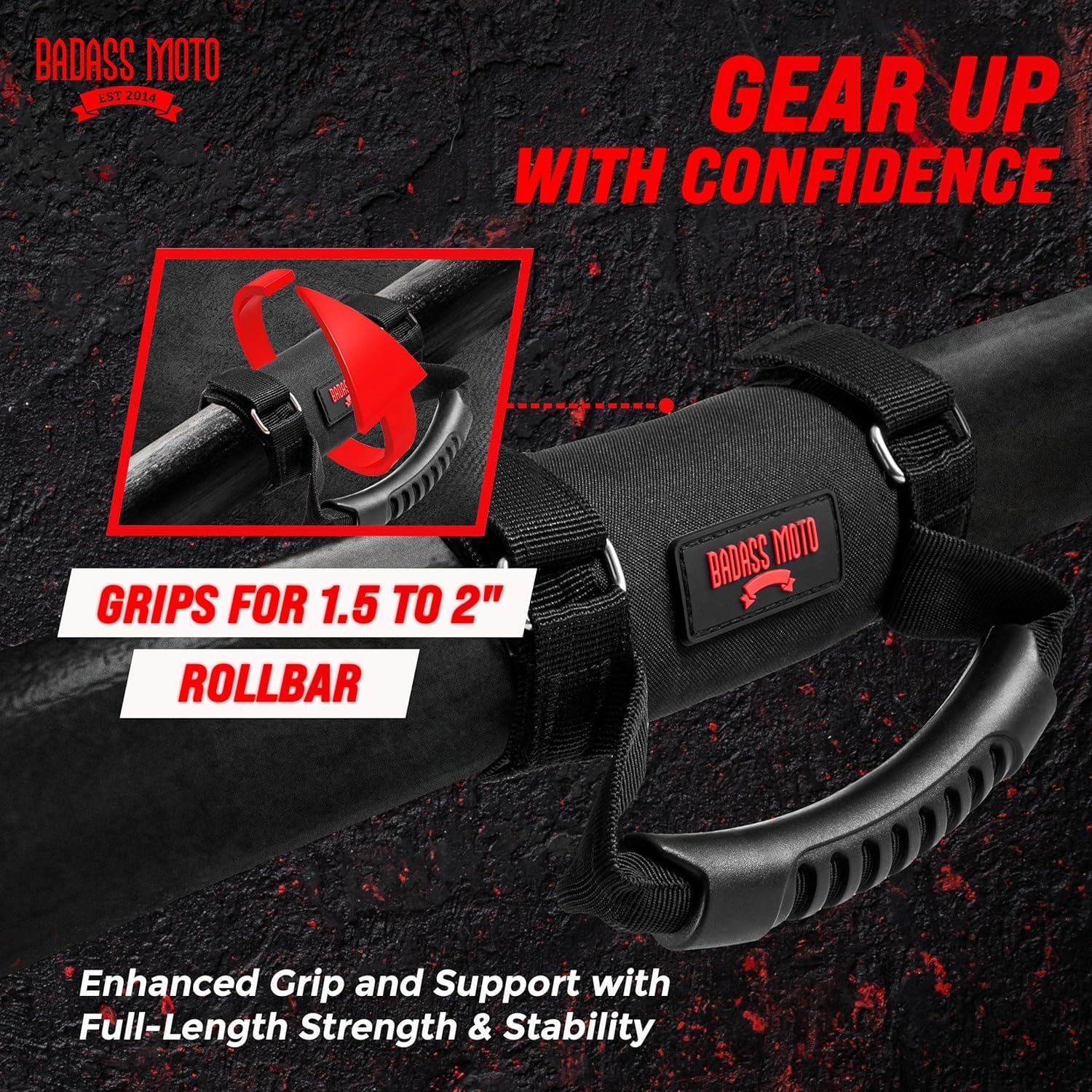 Closeup of Badass Moto roll bar grab handle with stainless buckle