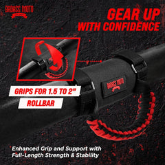 Badass Moto roll-bar grab in red paracord enables tool-free installation.