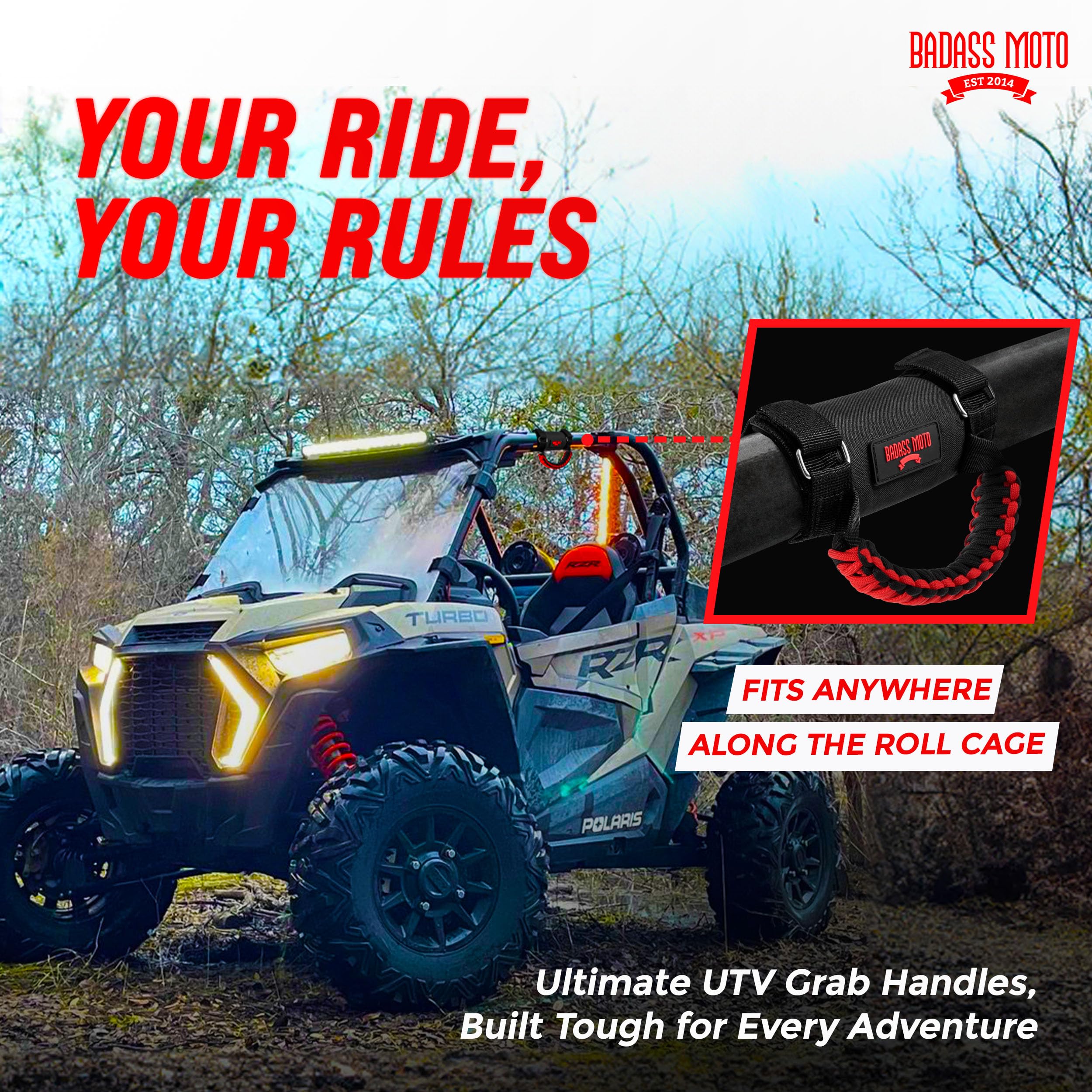 Comfortable grip during long rides with Badass Moto UTV grab handles.
