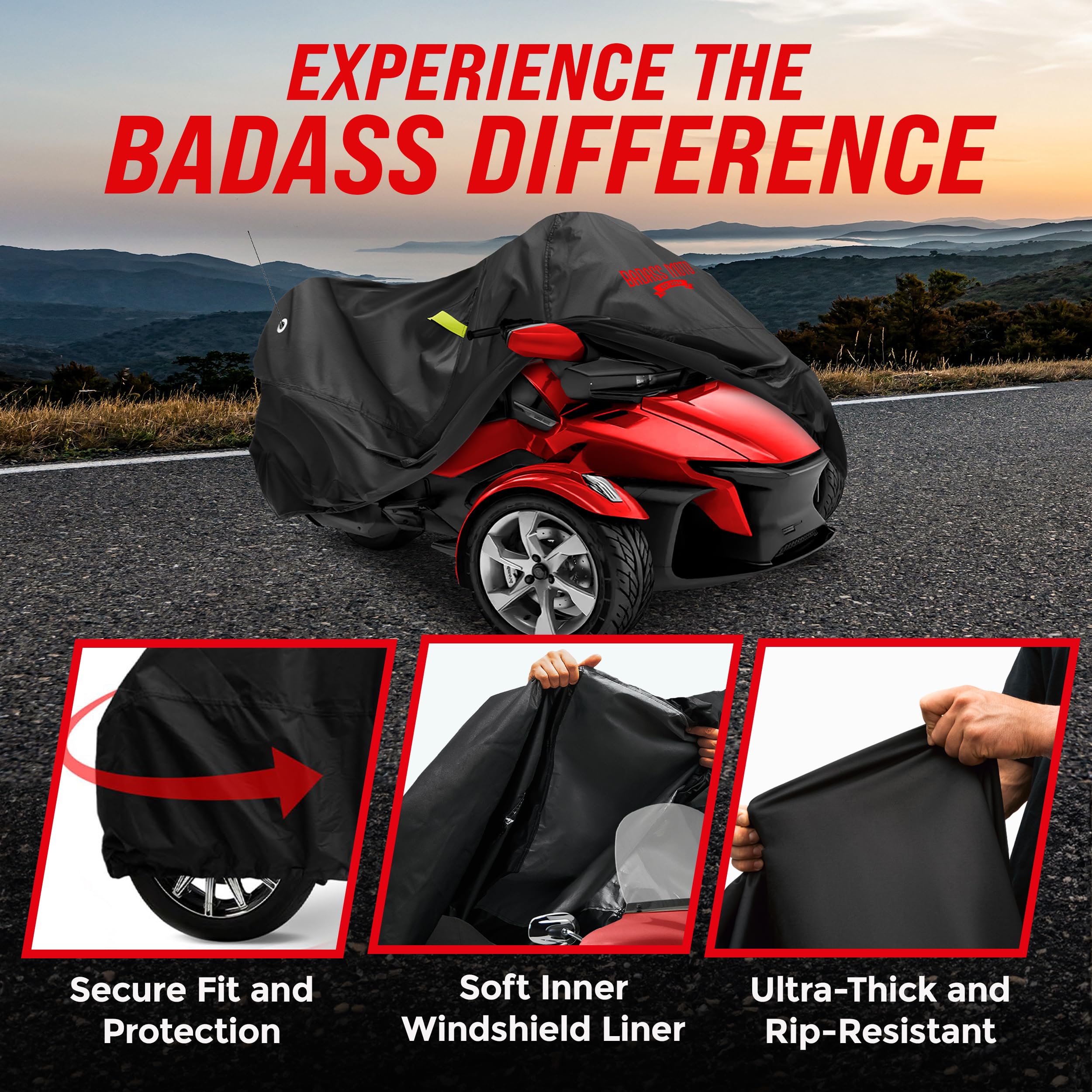 Badass Moto secure strap with latch buckle keeps cover in place in wind