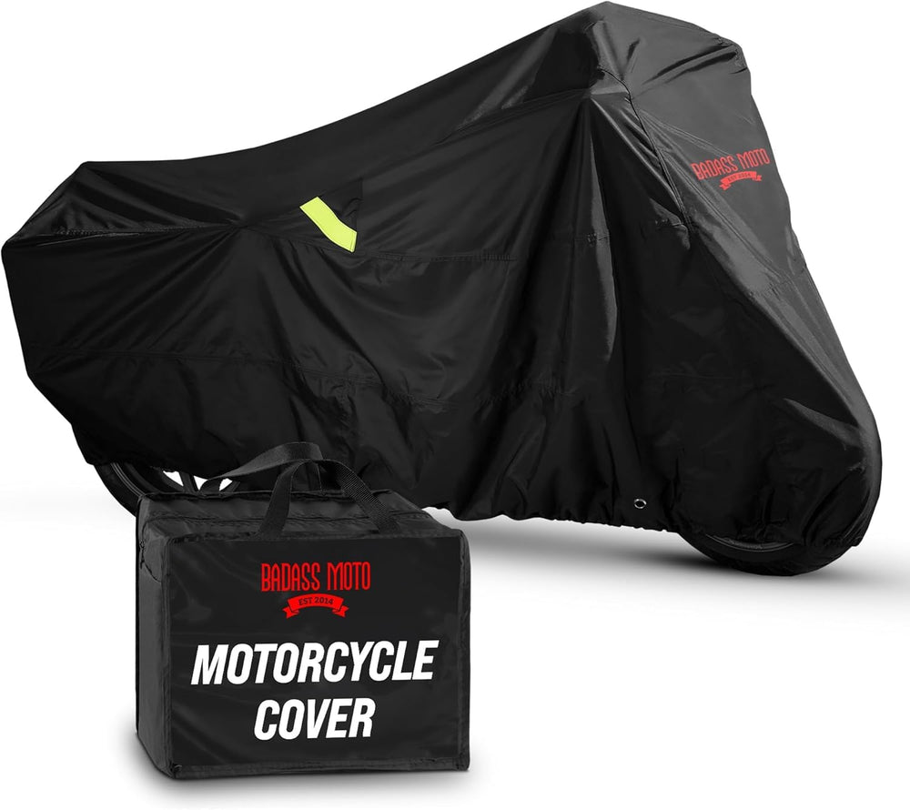 Badass Moto Ultimate Cover on a motorcycle provides waterproof outdoor protection from rain and sun