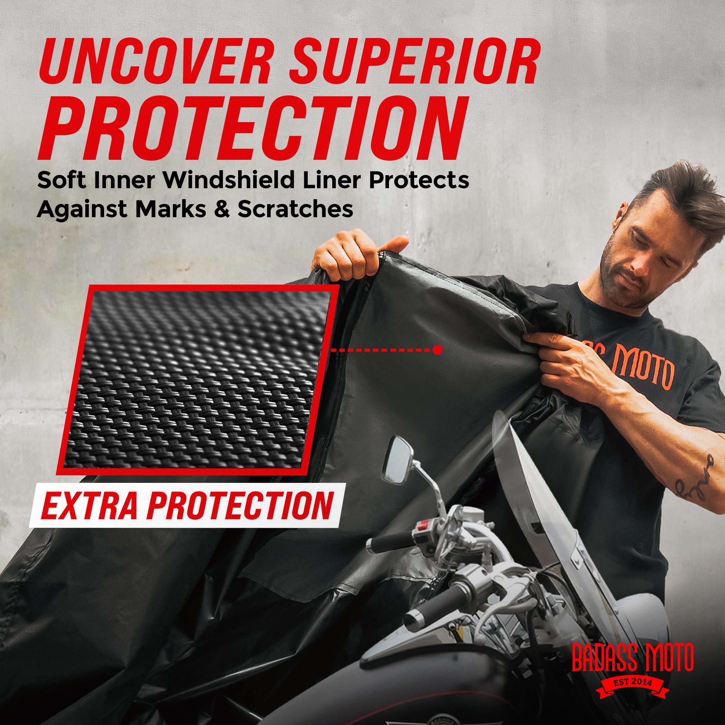 Badass Moto Ultimate Motorcycle Cover offers a heavy-duty, large 97L fit for big motorcycles outdoors.