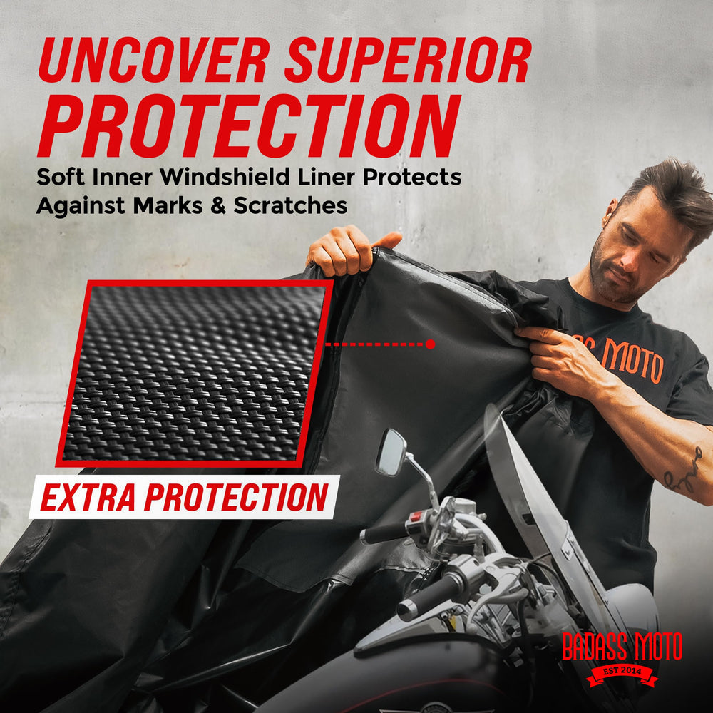 Badass Moto Ultimate Motorcycle Cover offers a heavy-duty, large 97L fit for big motorcycles outdoors.