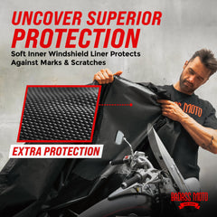 Badass Moto Ultimate Motorcycle Cover offers a heavy-duty, large 97L fit for big motorcycles outdoors.