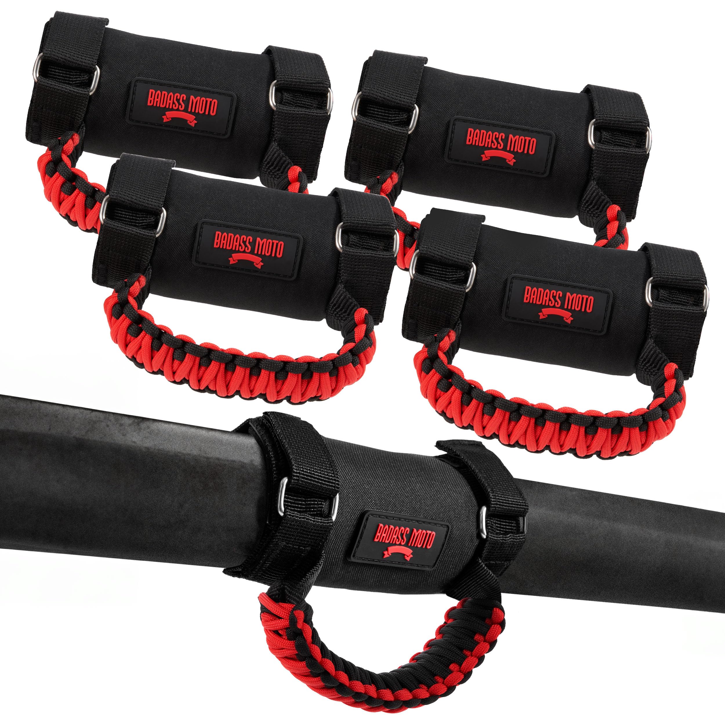 Badass Moto UTV grab handles on roll bar, four-pack for stable grip.