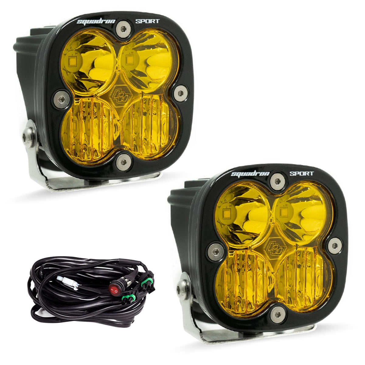 Baja Designs Squadron Sport amber LED pod pair for off-road driving with durable waterproof performance.
