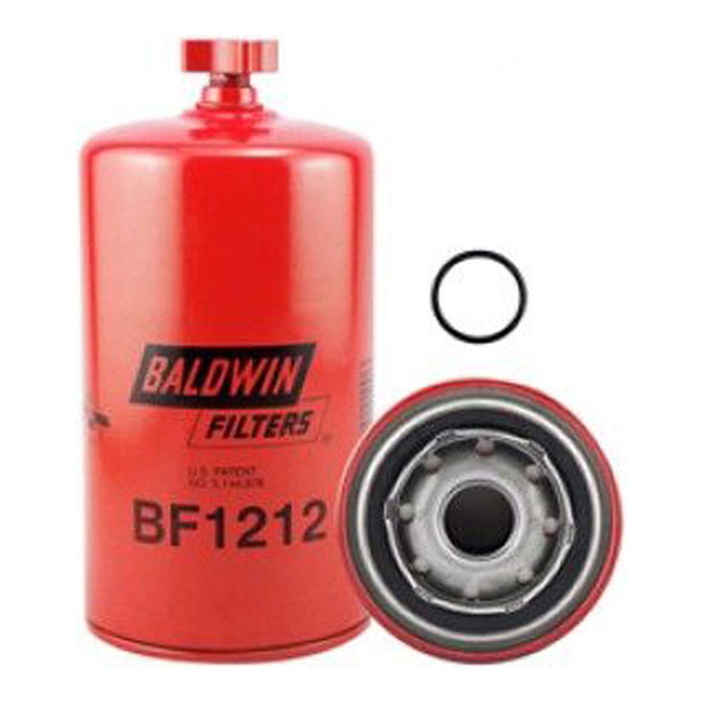 Baldwin BF1212 front view, red heavy-duty diesel filter for reliable engine filtration.