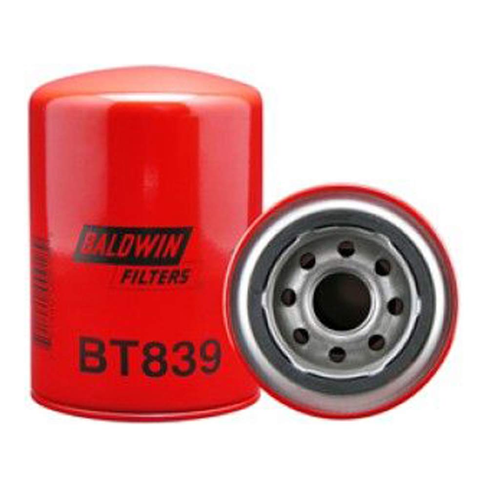 Baldwin BT839 heavy-duty hydraulic spin-on filter installed on engine for clean hydraulic flow.