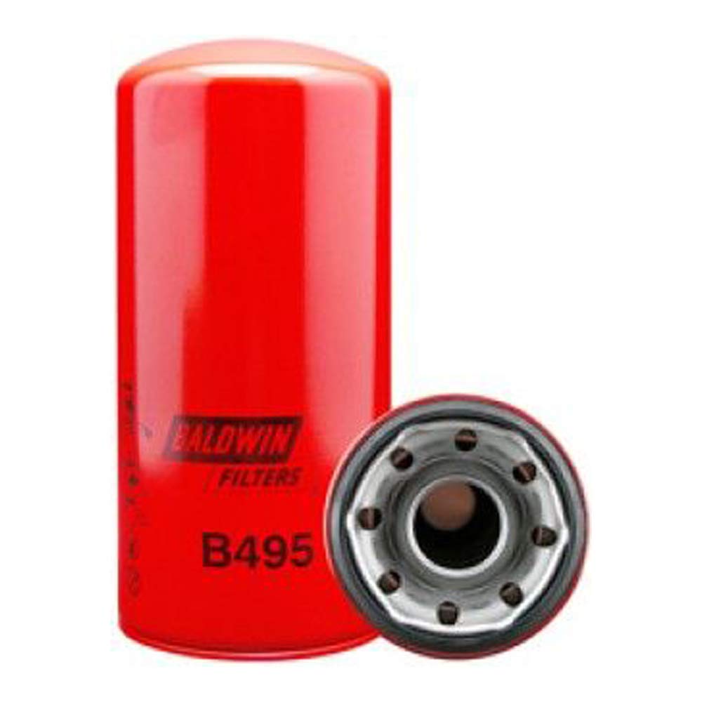 Baldwin Filters oil filter, spin-on full-flow, mounted on engine for clean oil flow