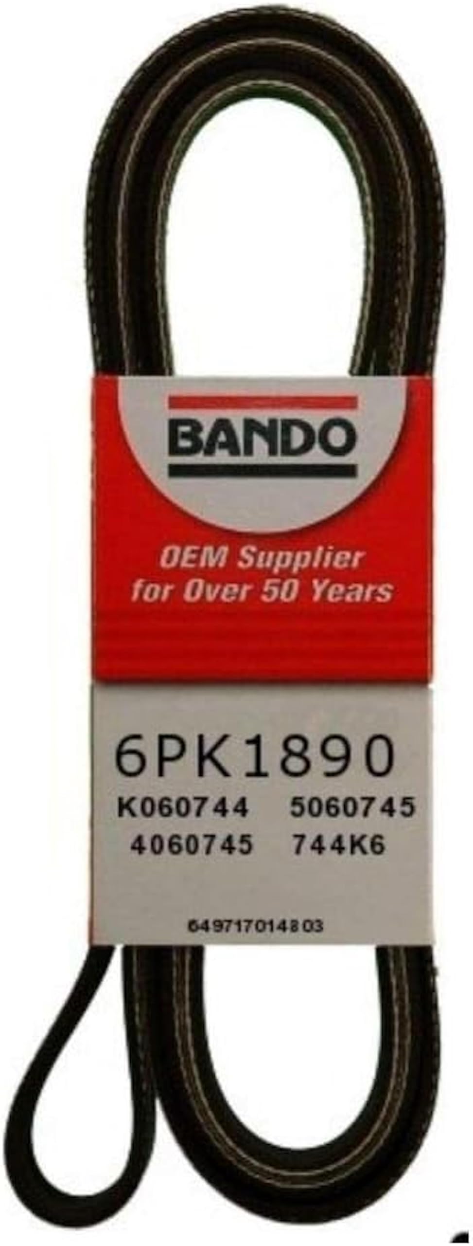 Bando USA 6PK1890 serpentine belt side view showing overall belt profile and construction.