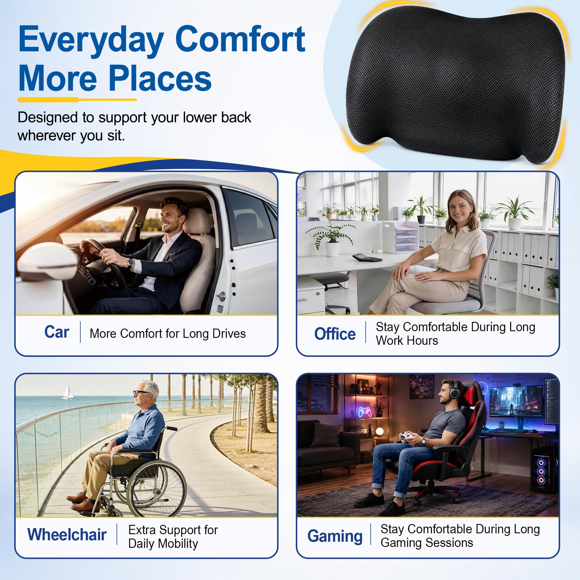 Bangled lumbar pillow on an office chair improving sitting posture