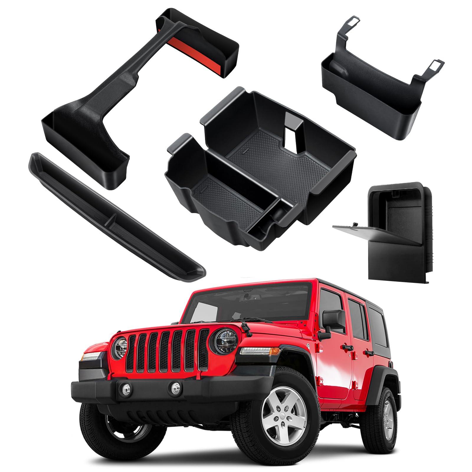 BANKKY gear-shift-organizer-tray keeps small items within reach in the Wrangler.