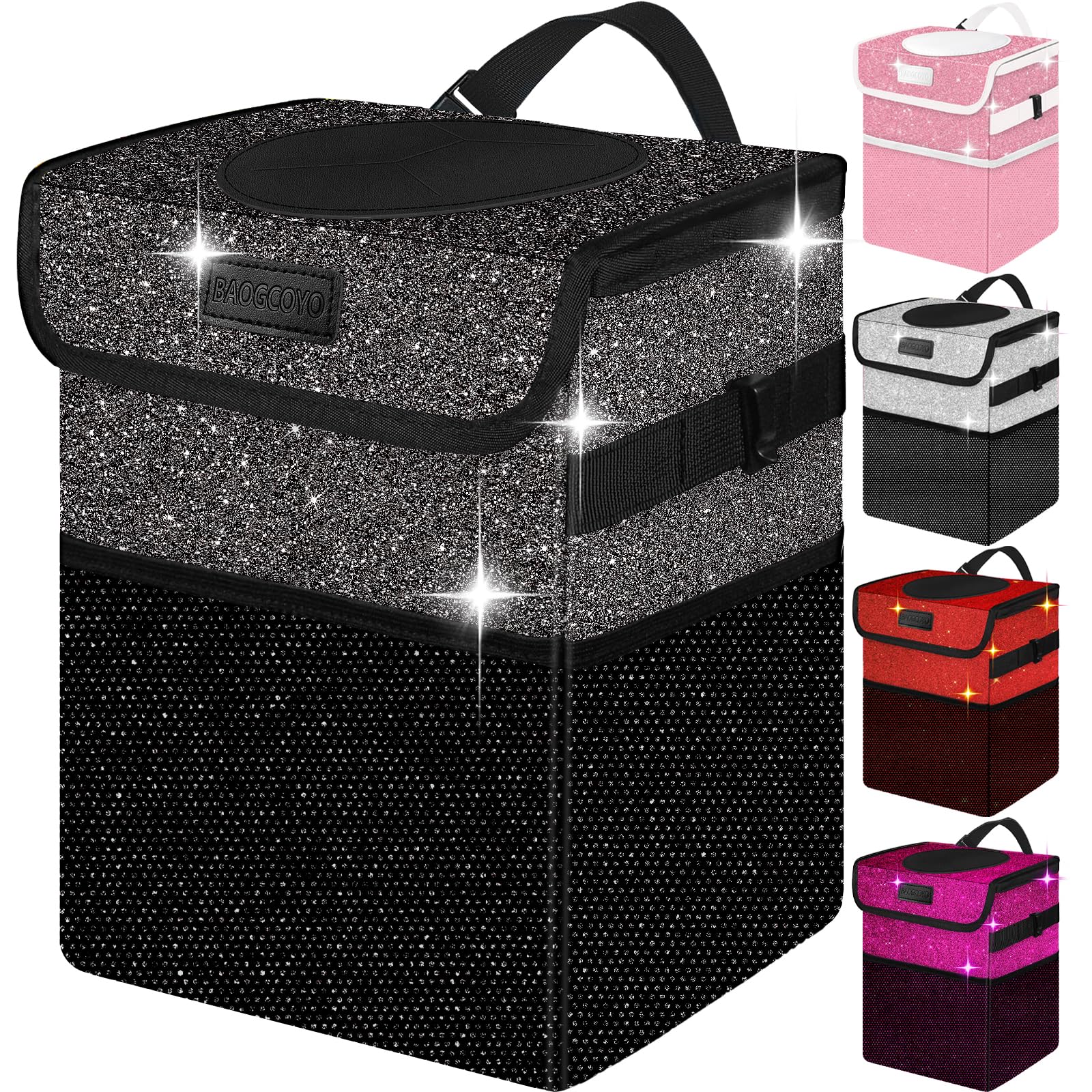 BAOGCOYO cute mini car trash bag with lid glitter highlight keeps cabin tidy.