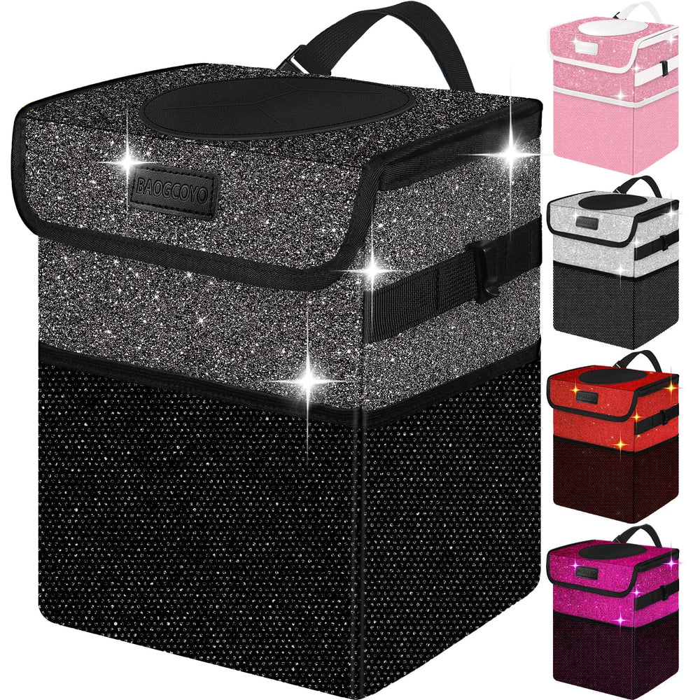 BAOGCOYO cute mini car trash bag with lid glitter highlight keeps cabin tidy.