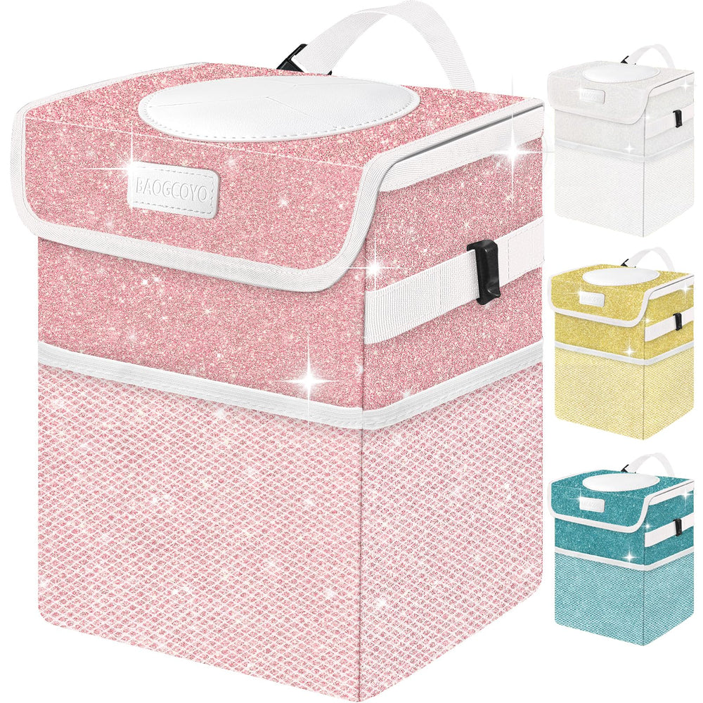 BAOGCOYO cute mini car trash bin with pink glitter lid keeps car interiors tidy.