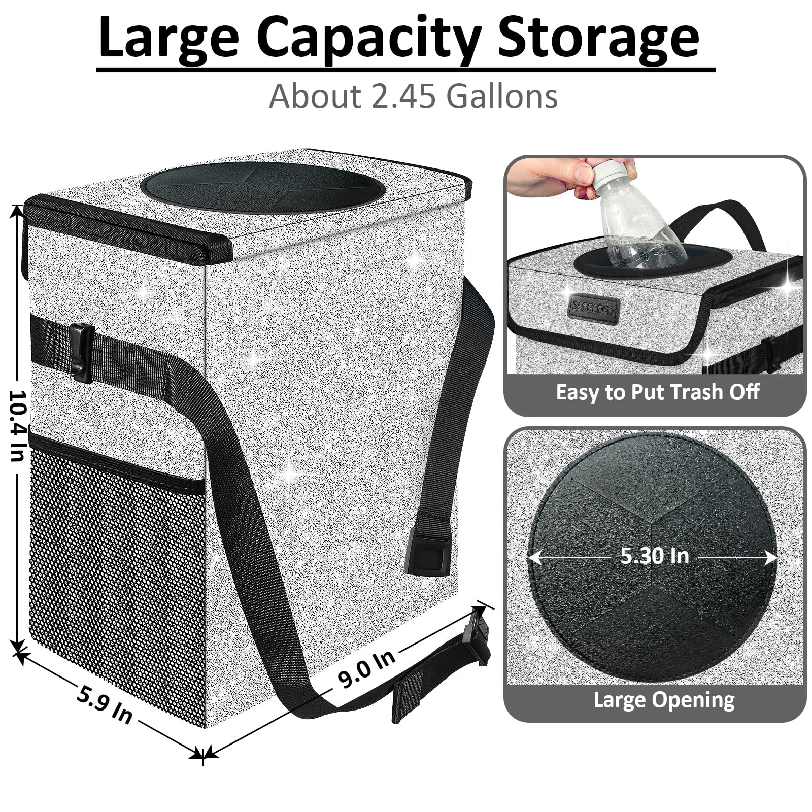 BAOGCOYO silver glitter trash bin hanging adds sparkle and organization