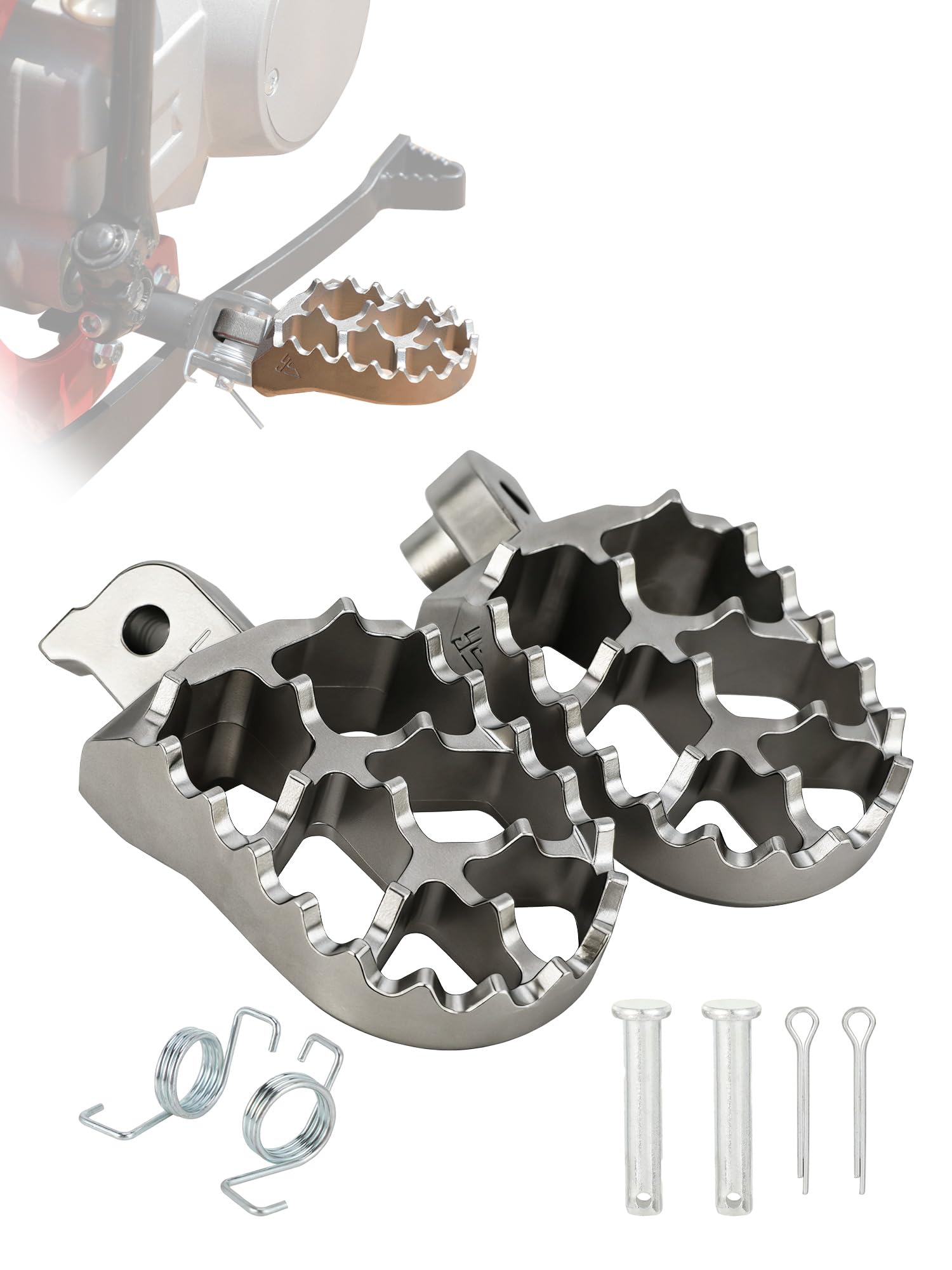 BAOUFF dirt bike foot pegs with springs provide secure grip on rough trails.