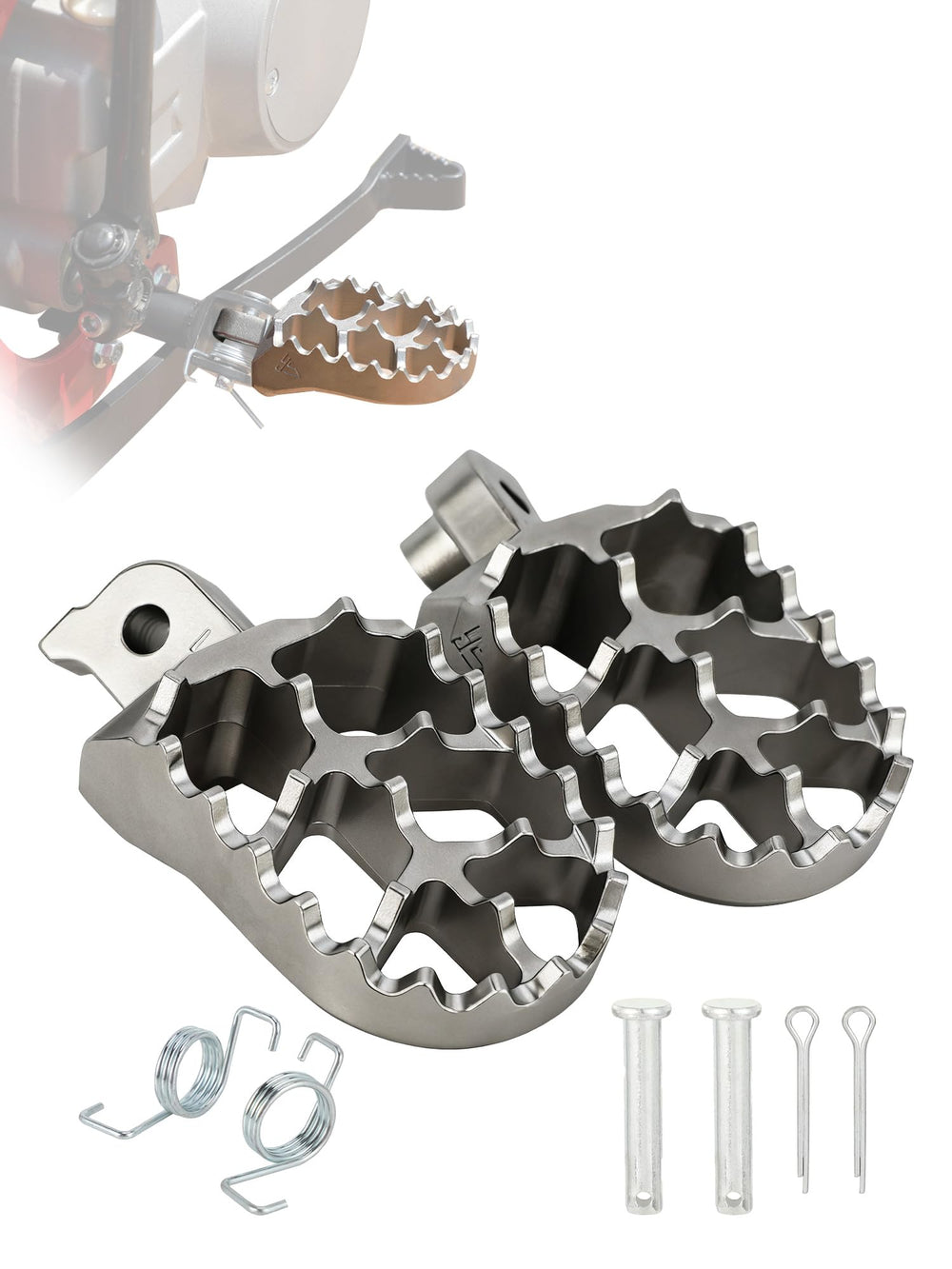 BAOUFF dirt bike foot pegs with springs provide secure grip on rough trails.